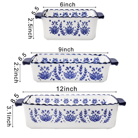 SOUJOY bandeja de lasaña en cerámica con diseño floral azul, agrega elegancia a la mesa.