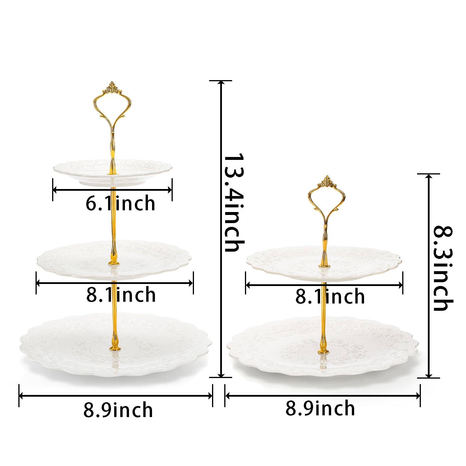 SOUJOY bandeja dos niveles en porcelana blanca con borde dorado para eventos.