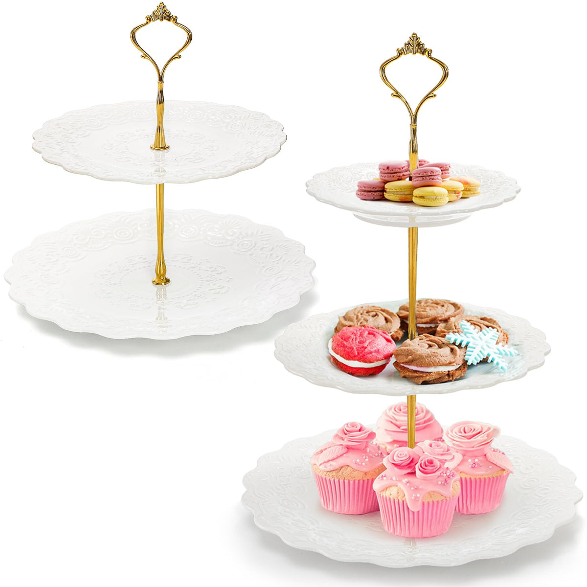 SOUJOY bandeja tres niveles en porcelana blanca con borde dorado para presentación elegante.