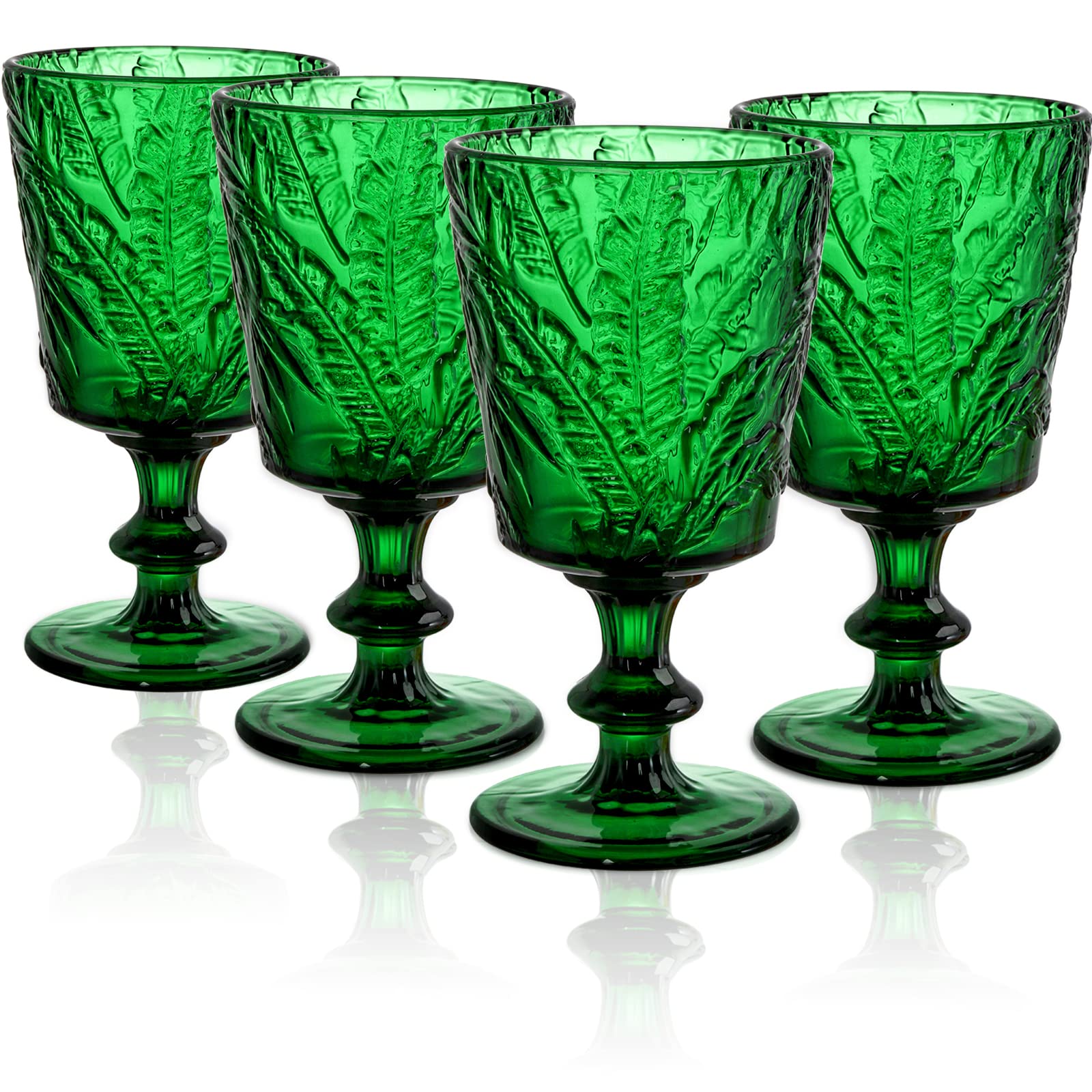 Vaso SOUJOY conjunto de cuatro, verde con relieve de palmera, ideal para fiestas y cenas elegantes.