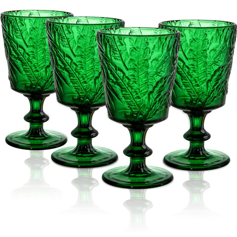 Vaso SOUJOY conjunto de cuatro, verde con relieve de palmera, ideal para fiestas y cenas elegantes.