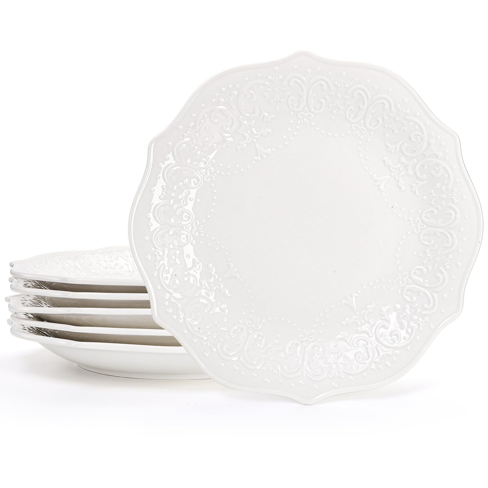 SOUJOY, juego de seis platos de porcelana de 25 cm con relieve lotus para una mesa elegante.