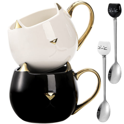 SOUJOY taza gato blanca con acabado dorado, perfecta para café matutino y ritual de relajación.