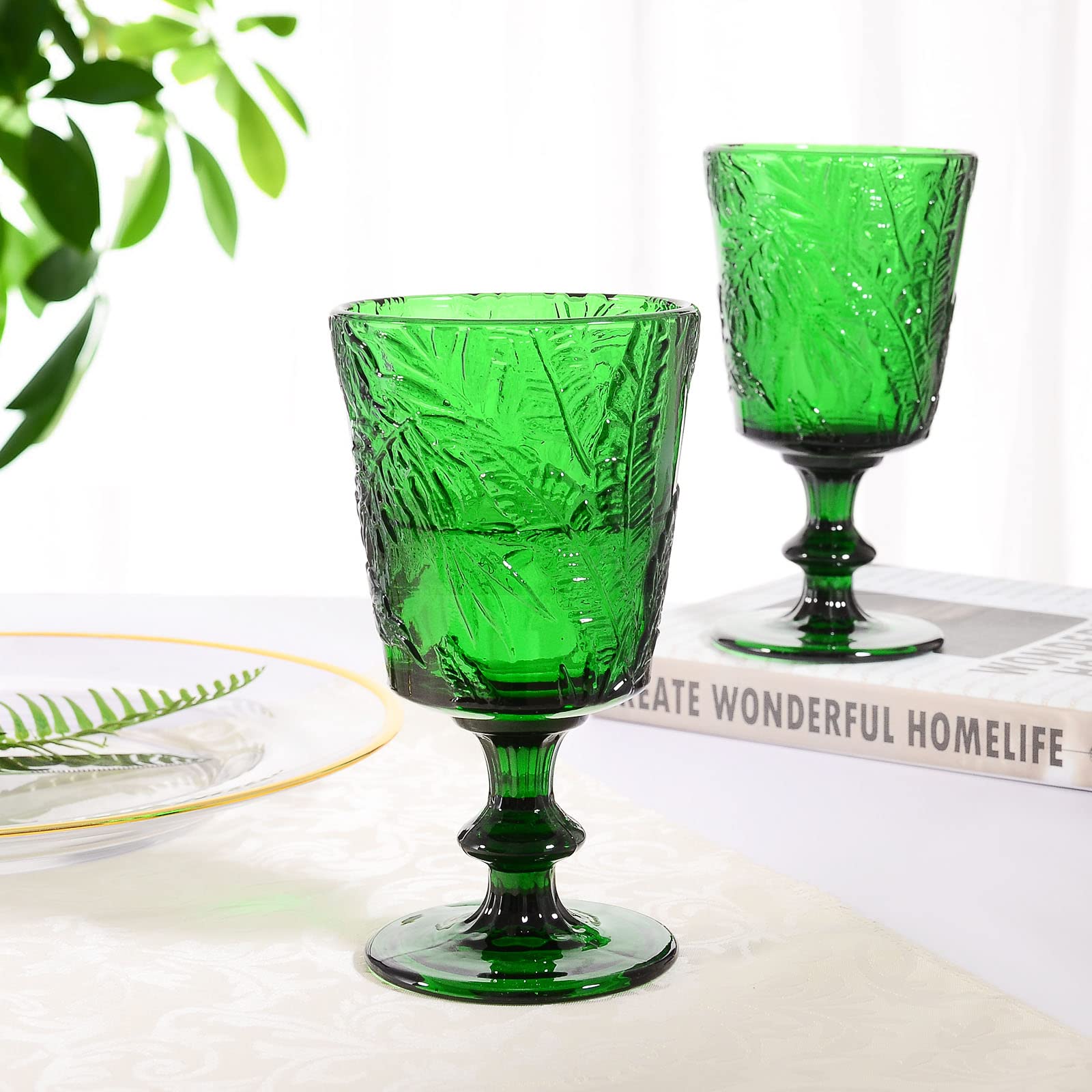 Vasos SOUJOY para boda, diseño verde palmera relieve, toque elegante en recepción.