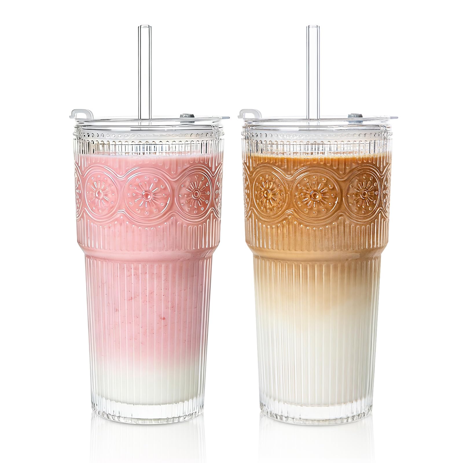 SoulTimes vaso de cristal 20oz con acanalado y floral, ideal para agua y cafés fríos
