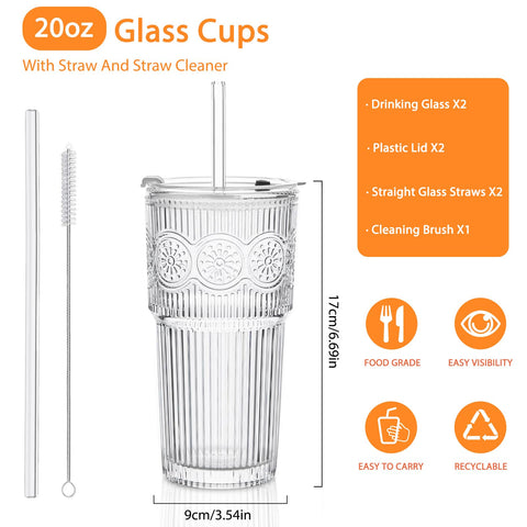 SoulTimes vaso de cristal 20oz con canudo de vidrio, opción ecológica para bebidas