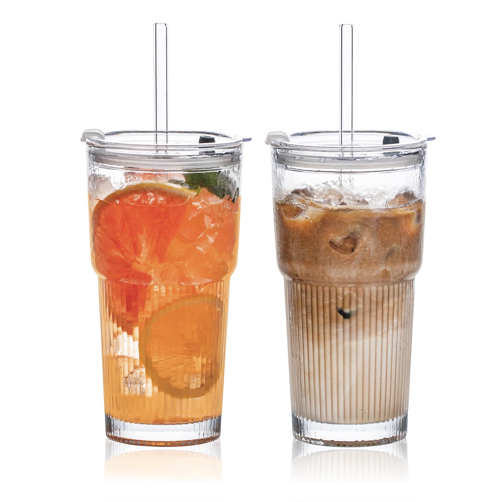 SoulTimes vaso cristal 20oz con tapa y textura acanalada, ideal para bebidas frías.