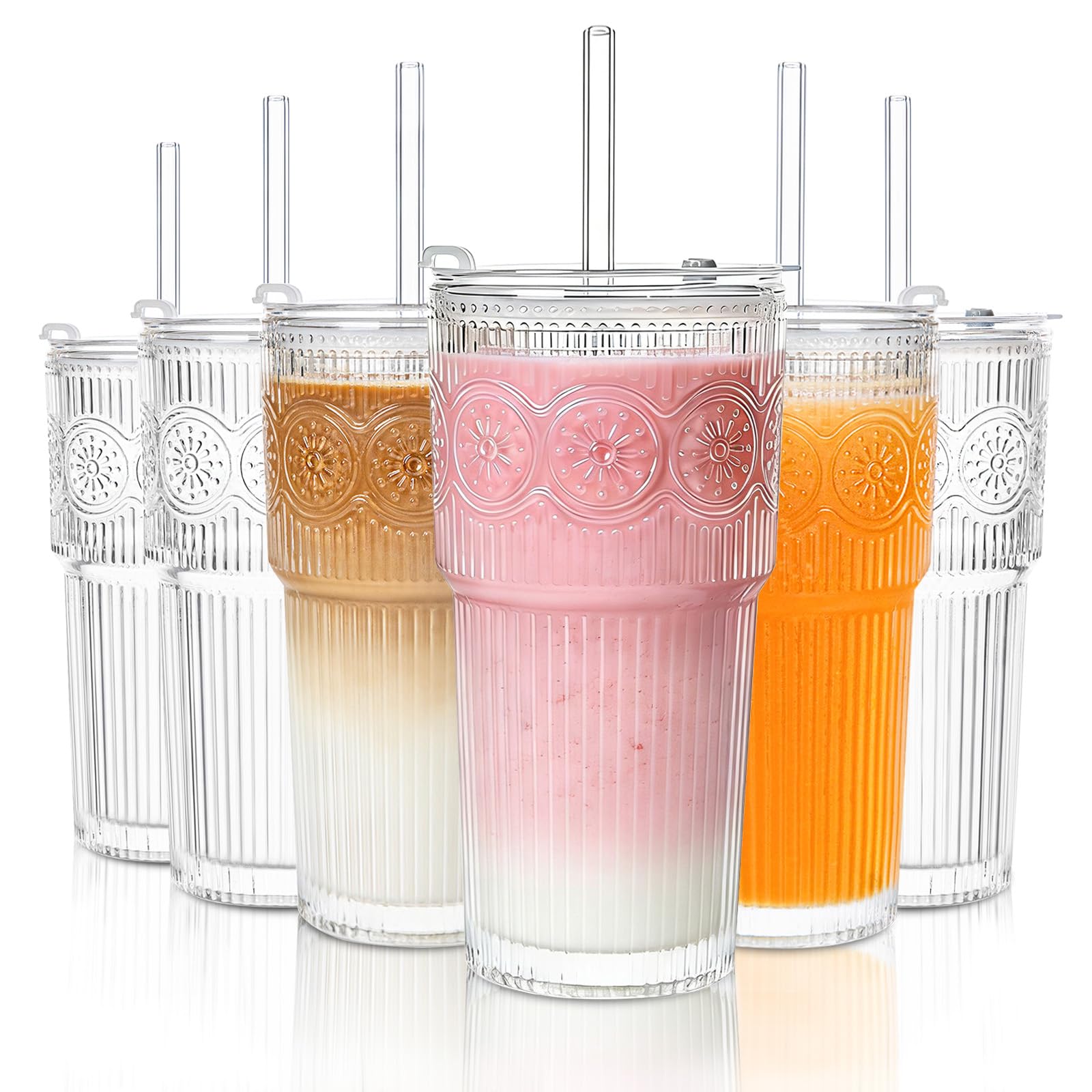 Vaso SoulTimes de 20 onzas con ribetes florales y tapa; ideal para llevar.