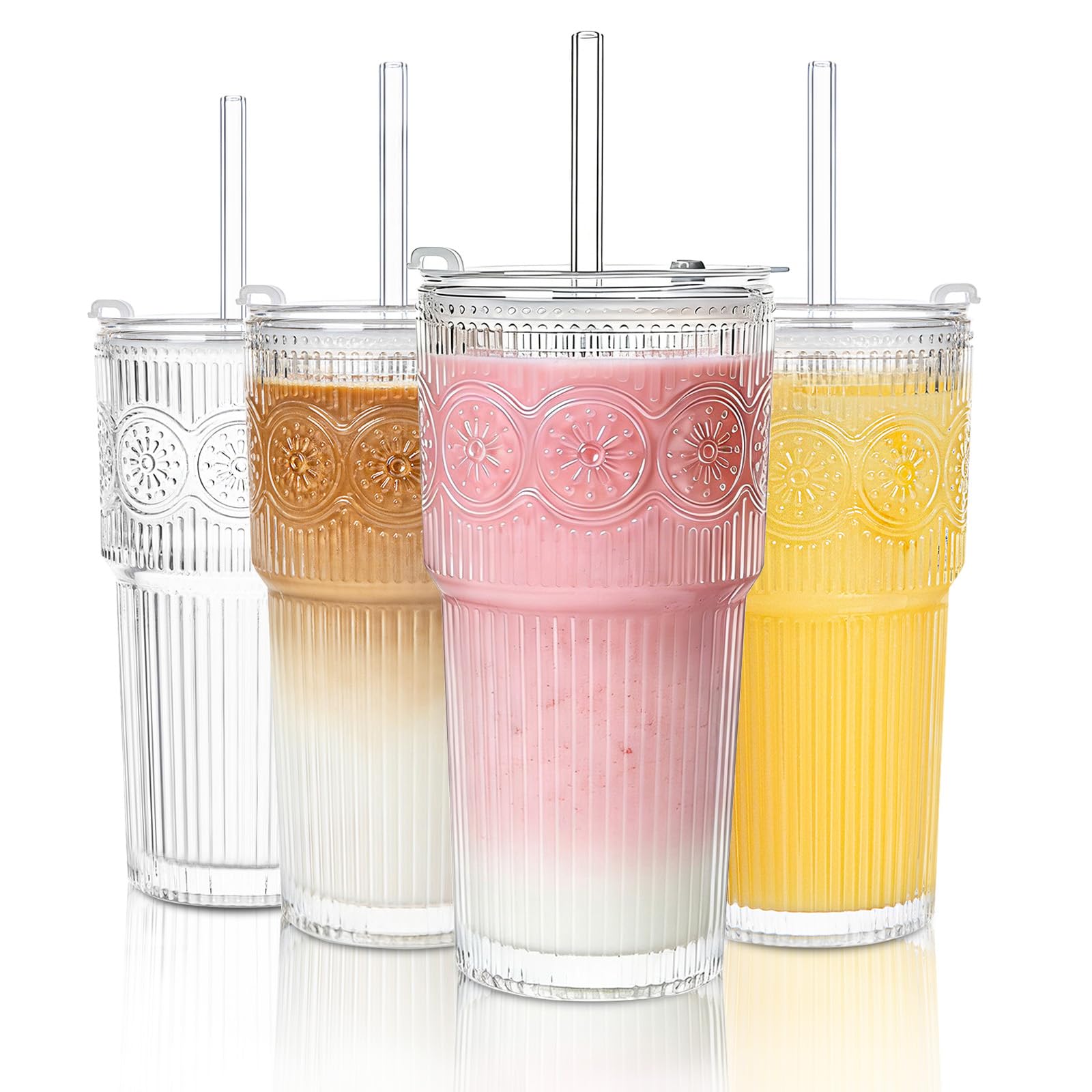 SoulTimes vaso de vidrio 20 oz con estriado y flores, ideal para beber con estilo