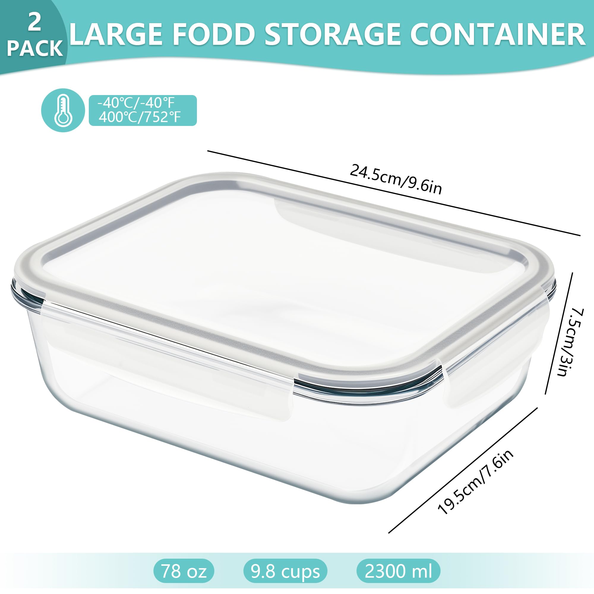 Soumeclu contenedor vidrio gran capacidad 78oz 2300ml, perfecto para comidas grandes.