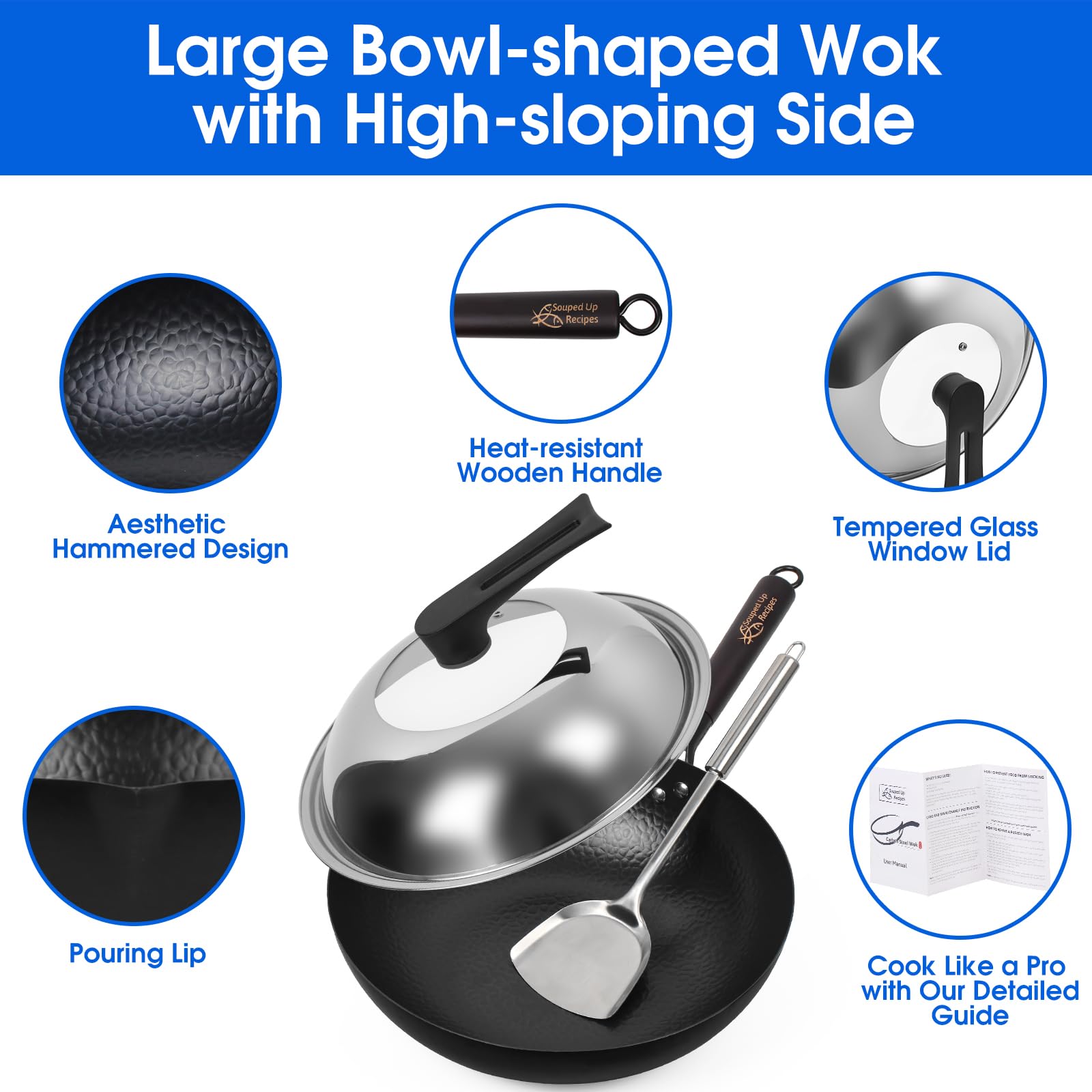 Conjunto de wok de Souped Up Recipes con tapa, espátula y guía.