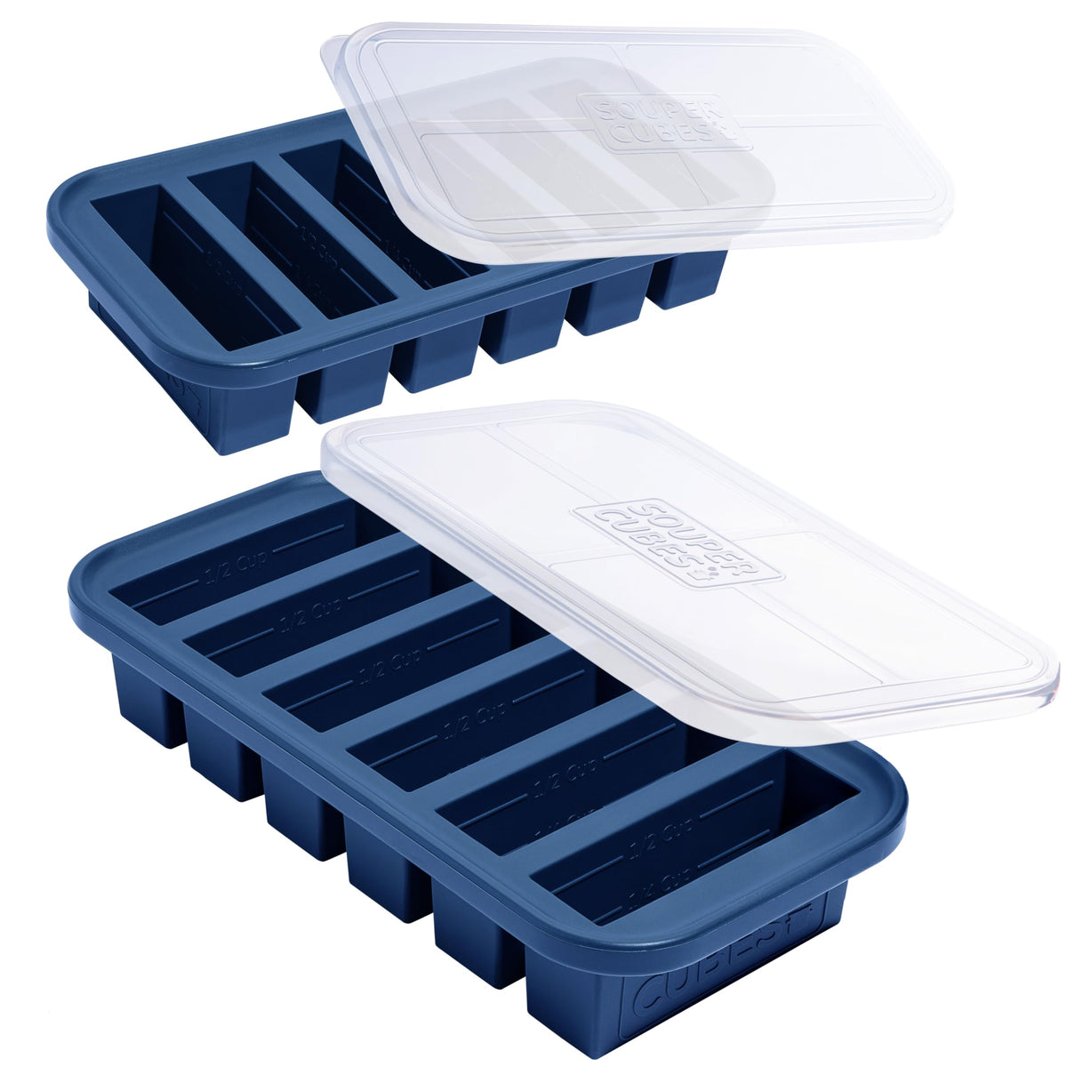 Souper Cubes: bandeja de silicona media taza, color azul arándano, ideal para porciones rápidas.