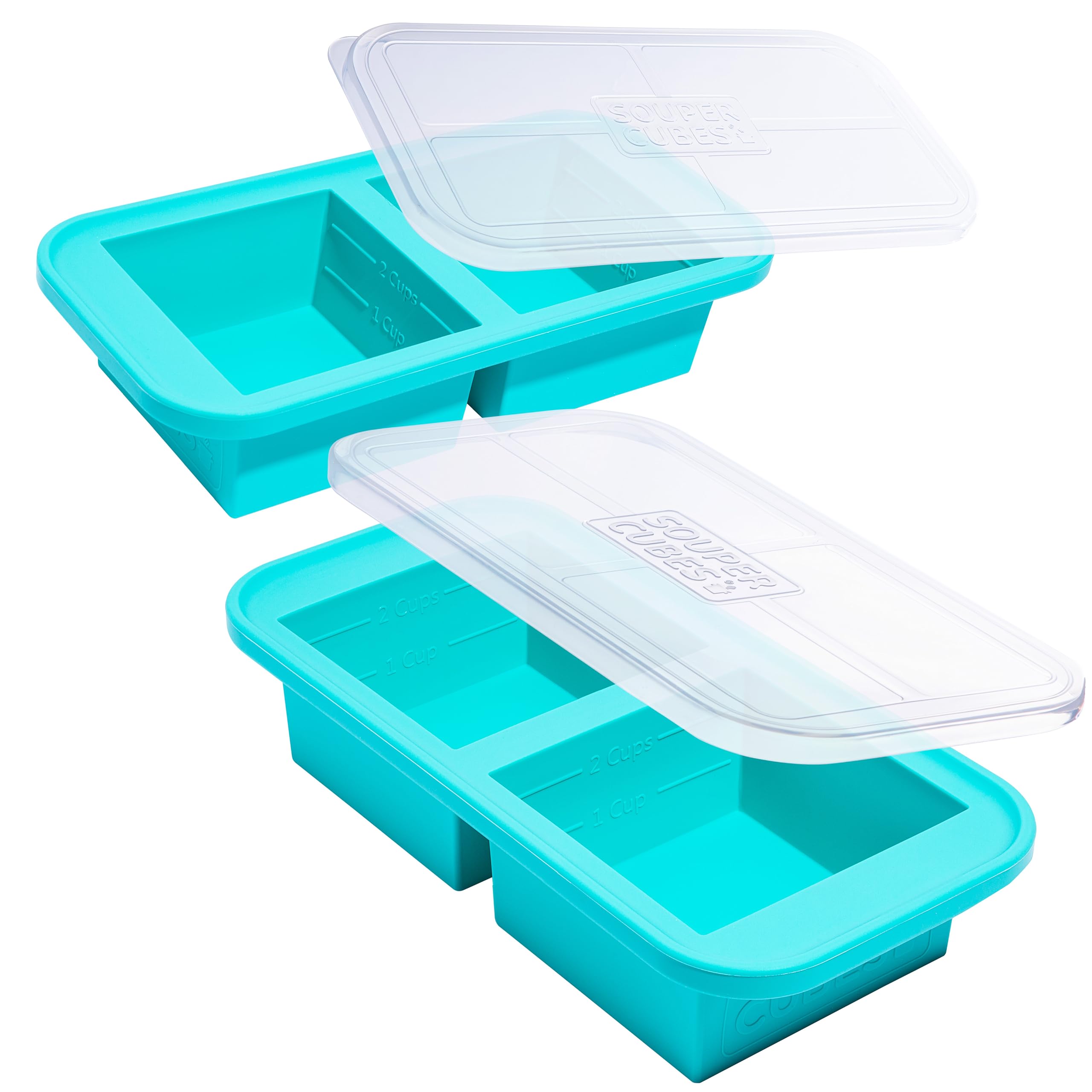 Souper Cubes cubos de 2 tazas con tapa para porciones listas para congelar.