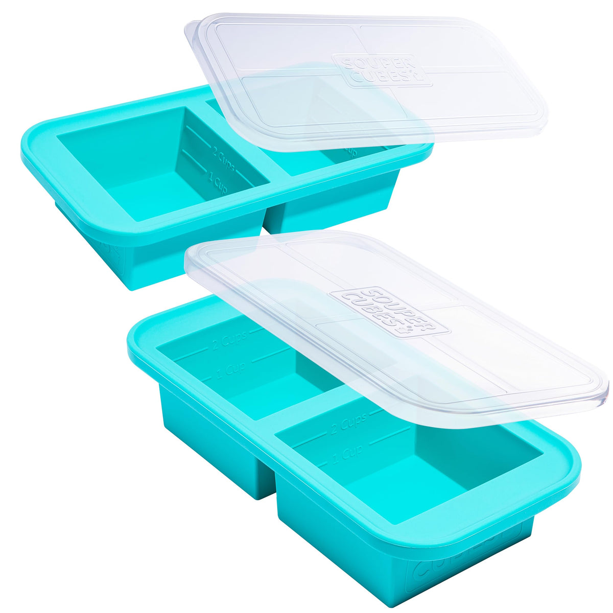 Souper Cubes cubos de 2 tazas con tapa para porciones listas para congelar.