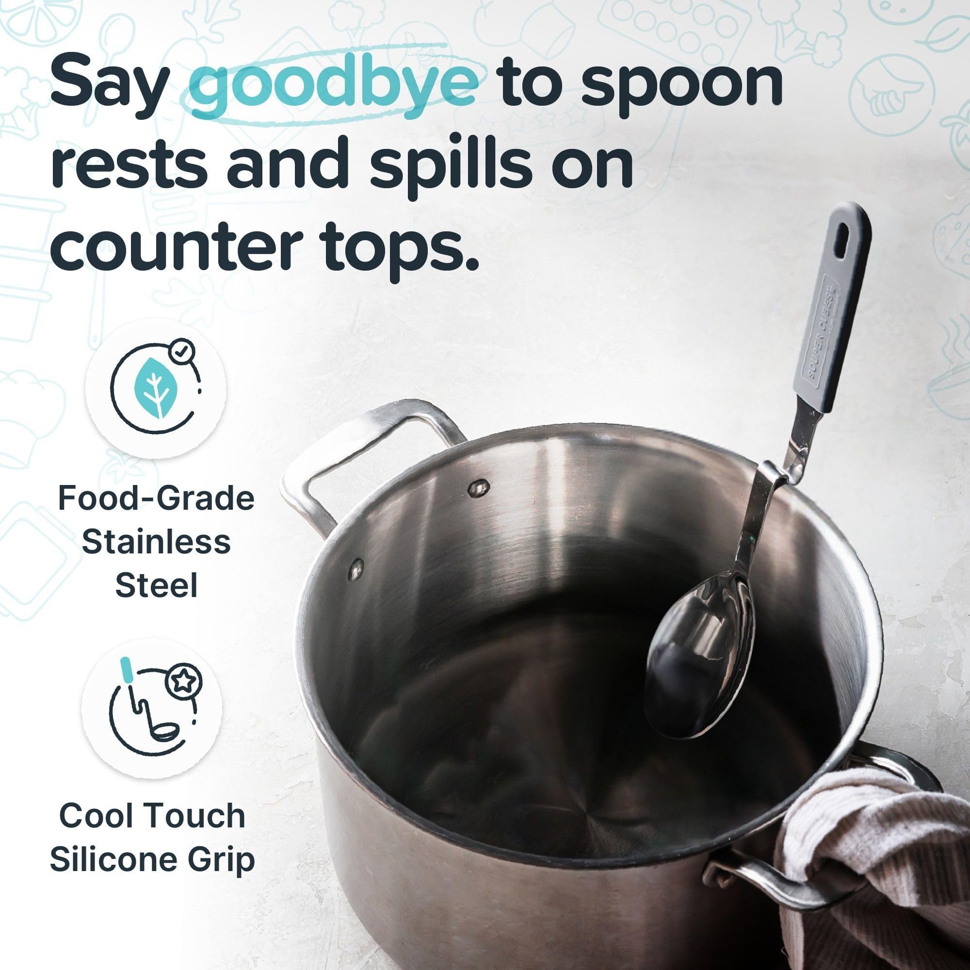 Souper Cubes: Cucharón resistente de acero inoxidable con mango de silicona, cómodo y seguro.