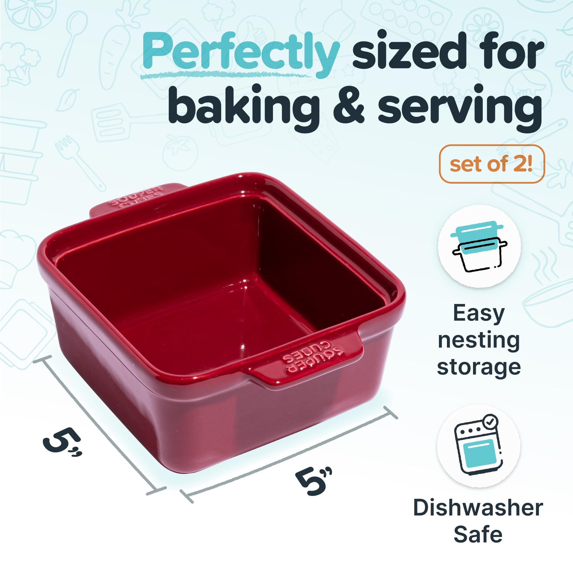 Souper Cubes fuente cerámica 5x5 cranberry con tapa de silicona para hornear
