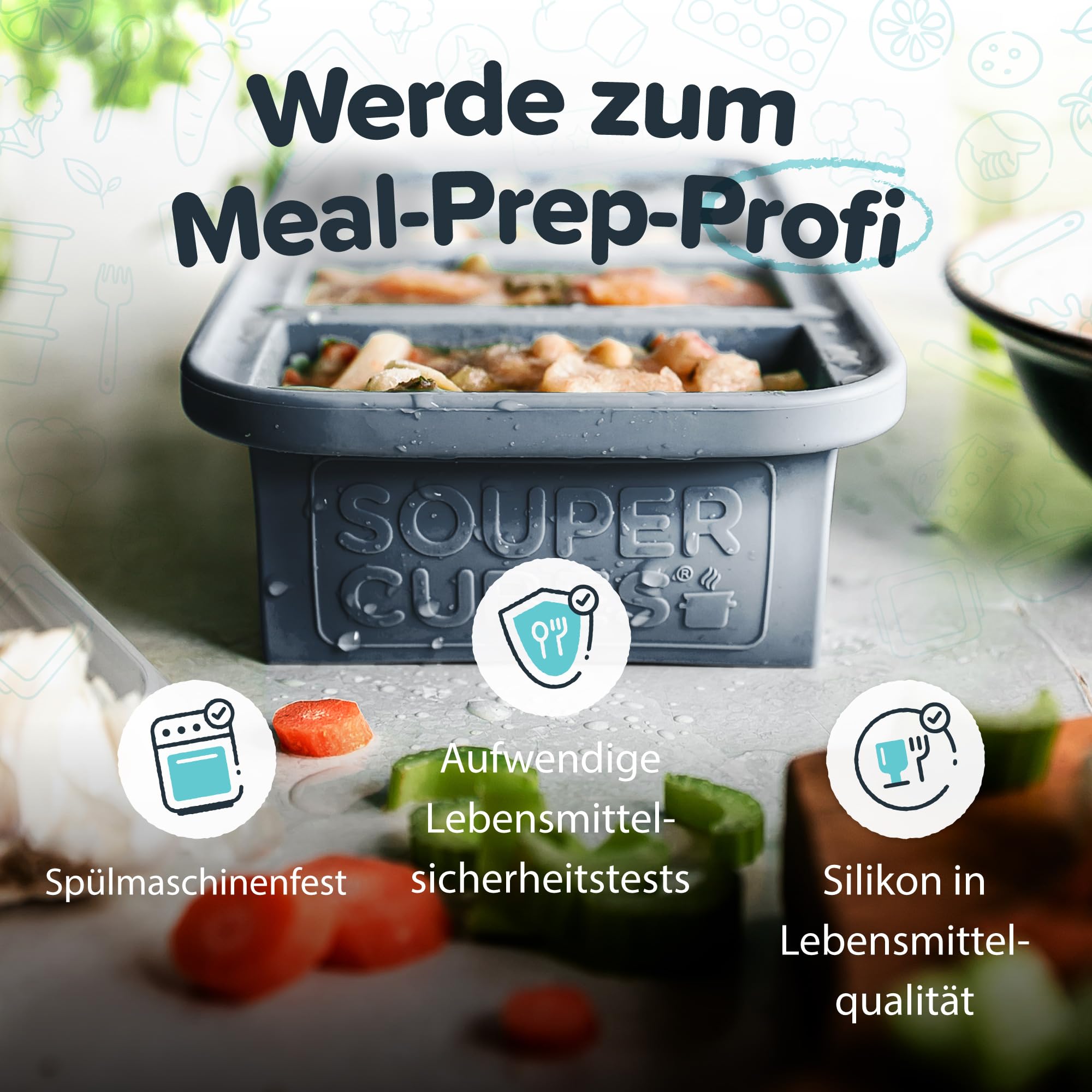 Souper Cubes: silicona platino flexible y segura para porciones.