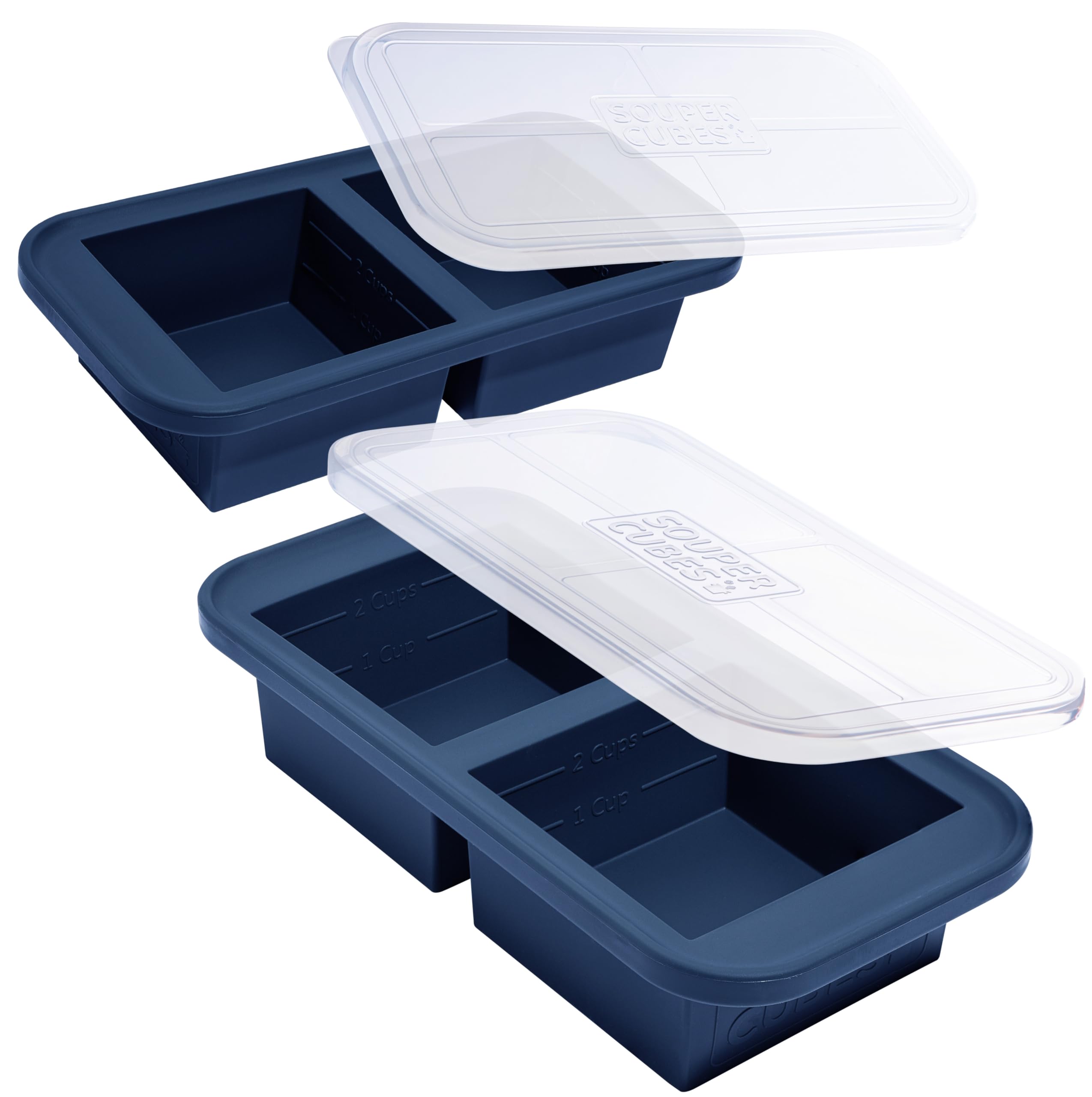Souper Cubes molde de silicona dos tazas en azul para porciones rápidas.