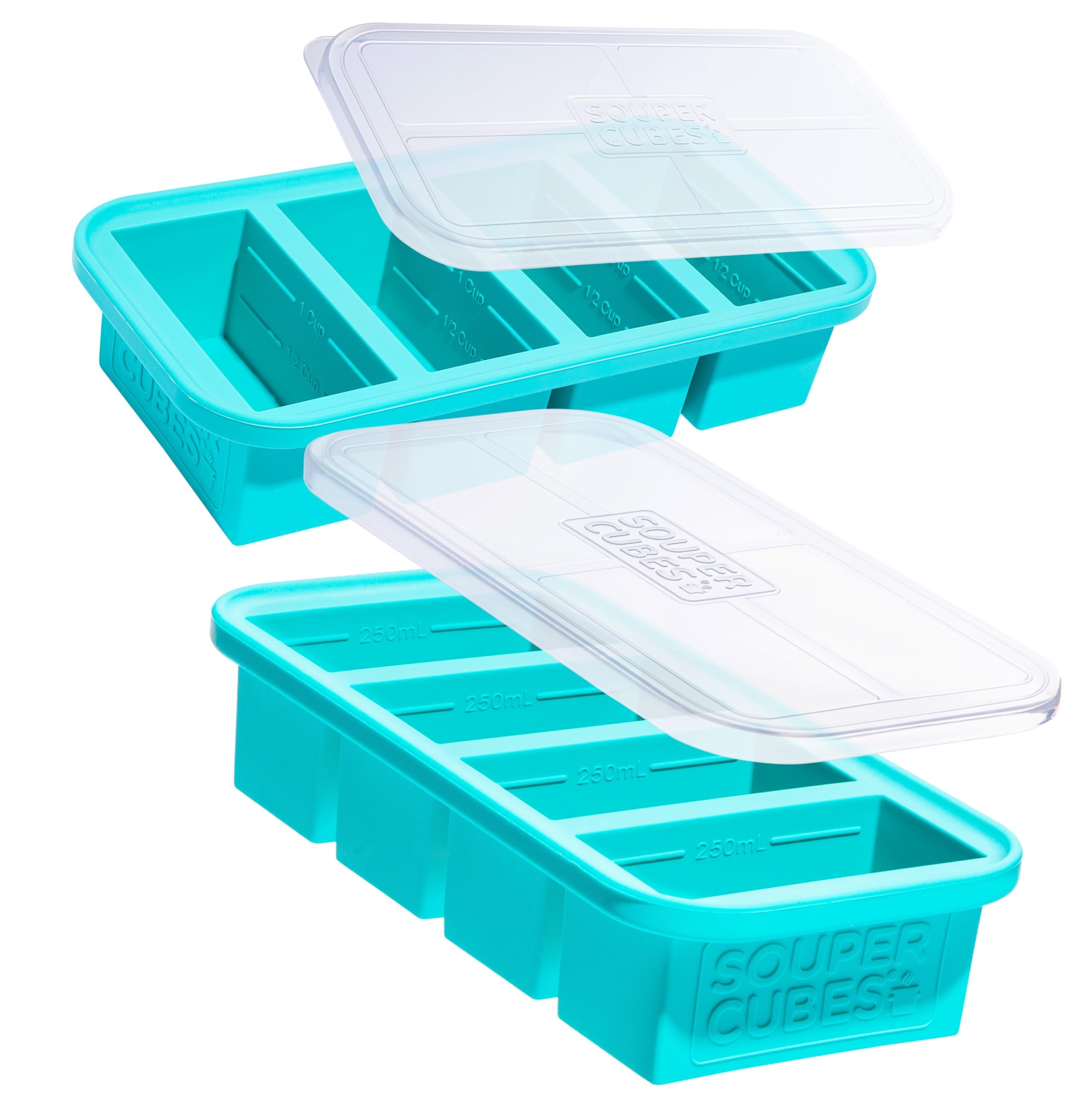 Souper Cubes muestra el molde de silicona para sopa con tapa, ideal para porciones controladas.