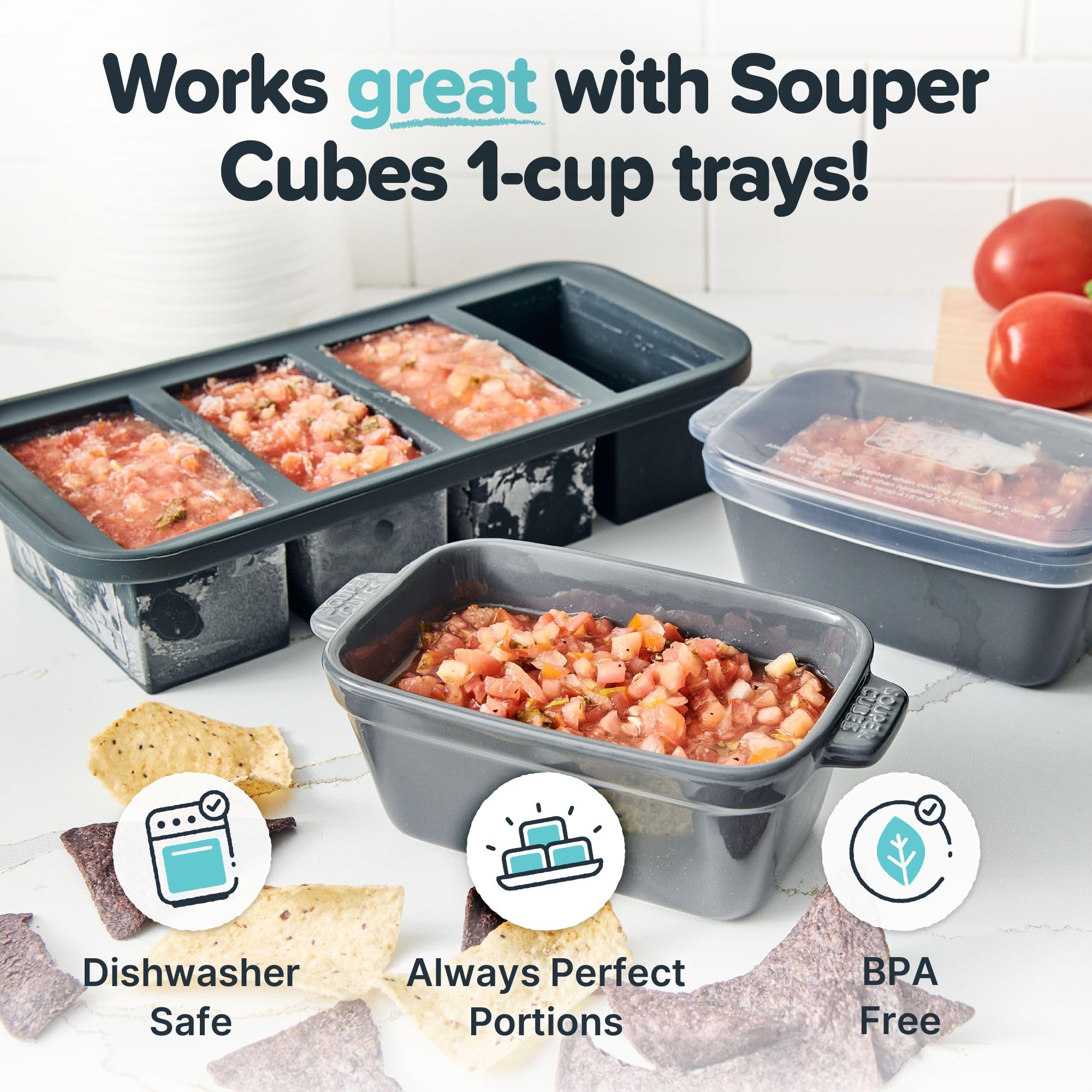Uso en horno y microondas con Souper Cubes, recalentamiento cómodo de porciones únicas.