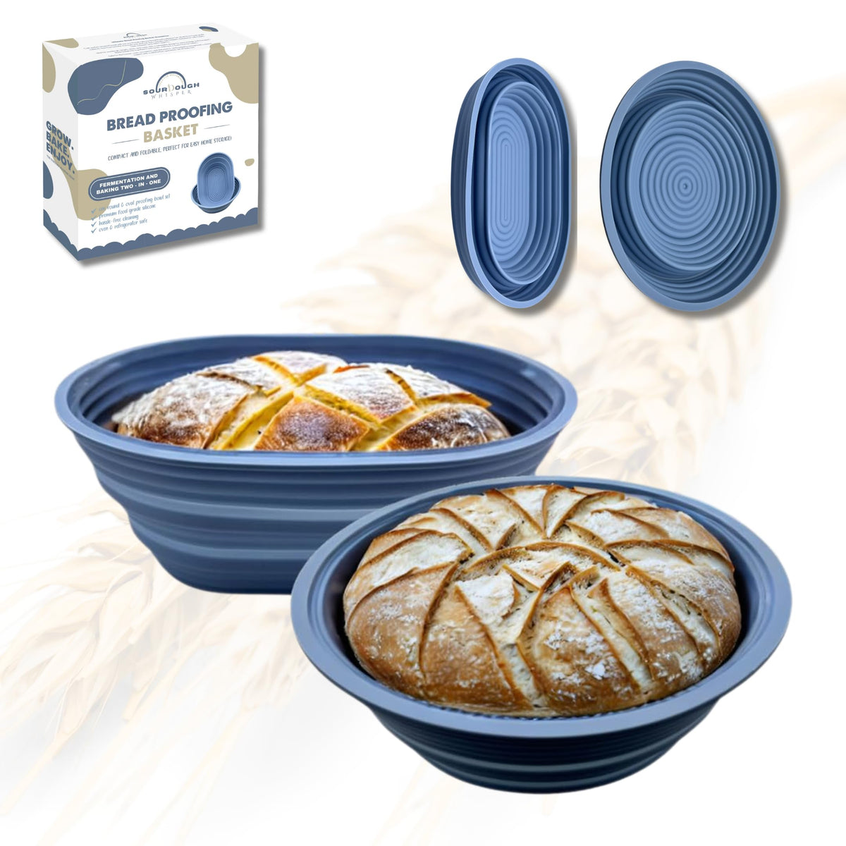 Sourdough Whisper Banneton plegable oval, ideal para fermentación uniforme.