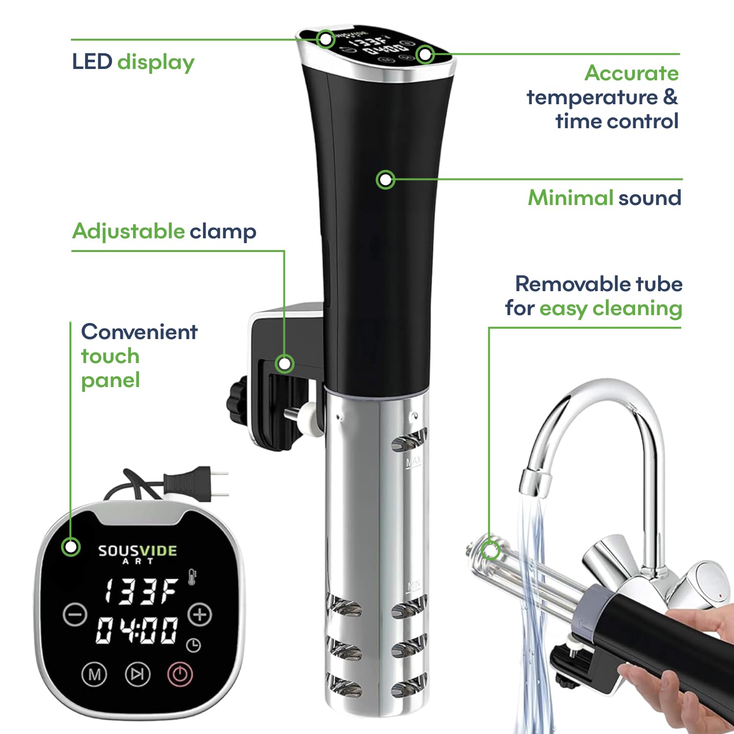 SOUSVIDE ART cuerpo de acero inoxidable, diseño duradero para cocción diaria.