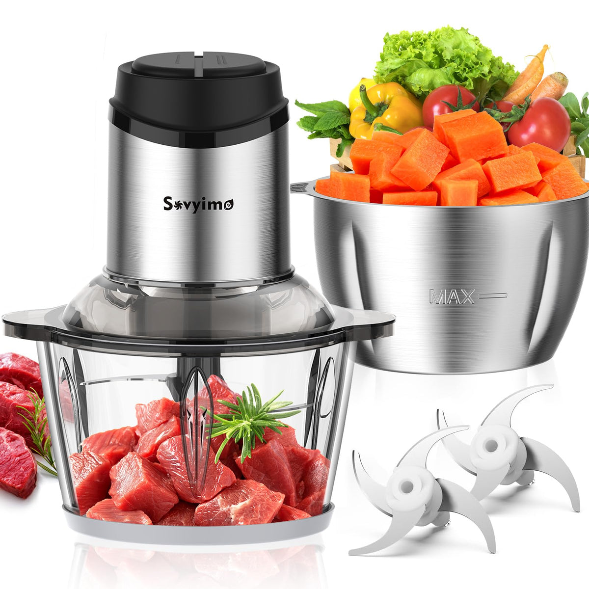 Sovyime procesador de alimentos con dos cuencos de ocho tazas para cocinar en grande.