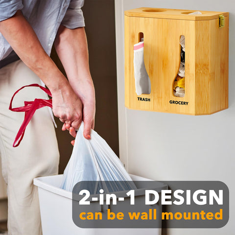 SpaceAid Bamboo dispensador 2 en 1 para organizar bolsas, evitando desorden en la cocina.