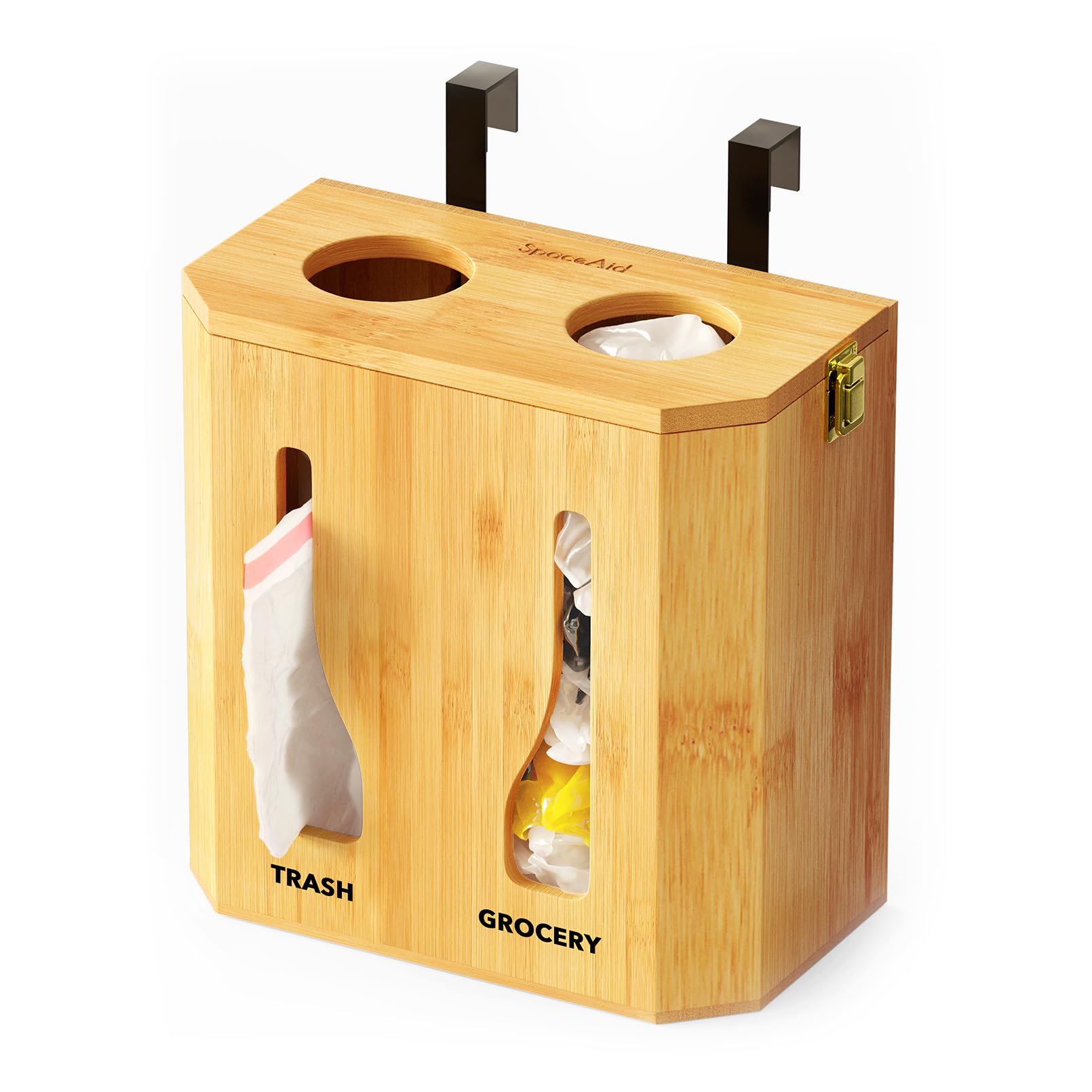 SpaceAid Bamboo dispensador de bolsas montado en pared para acceso rápido a desechos.