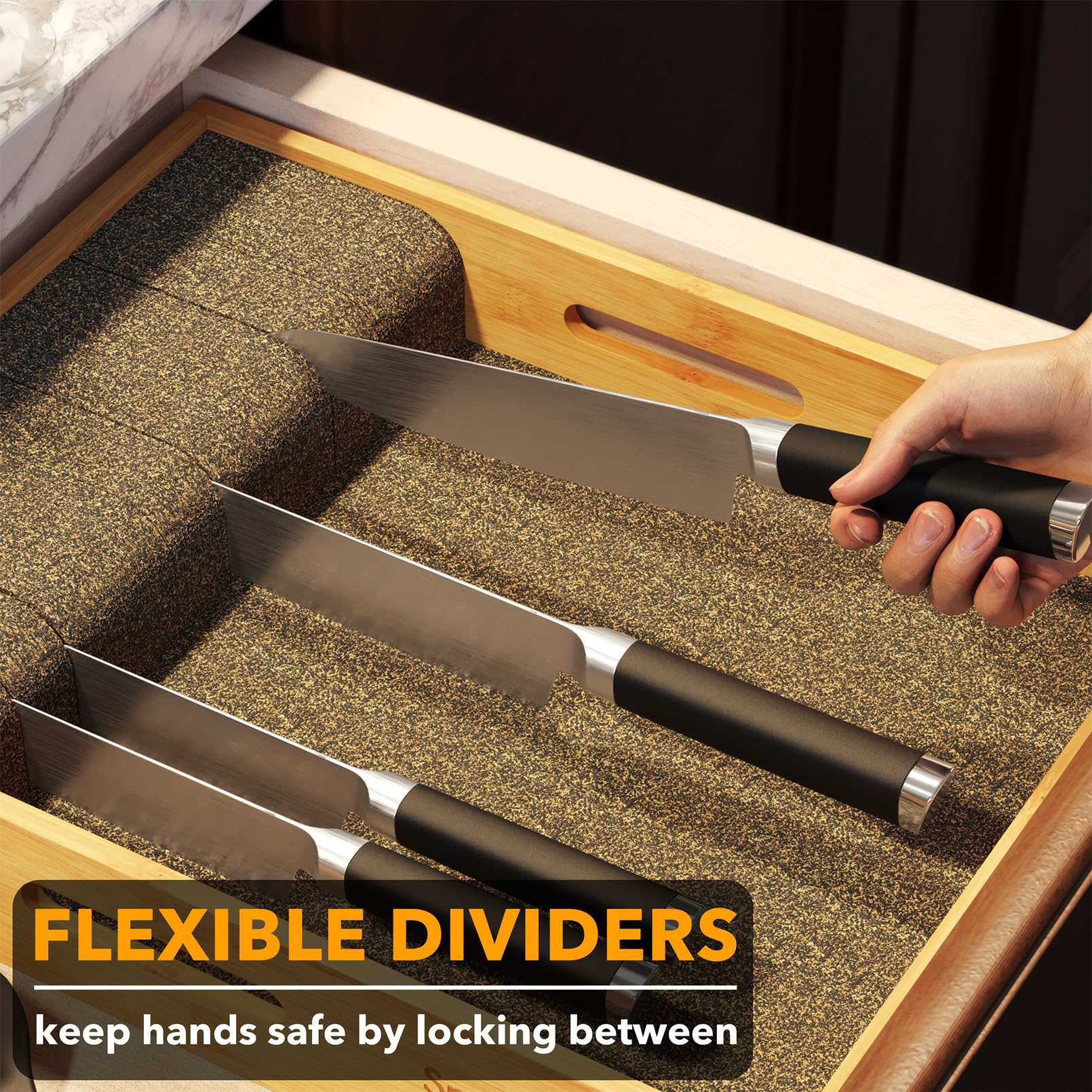 SpaceAid divisores flexibles para cuchillos, mantiene cuchillos de hasta 12 pulgadas en su lugar.