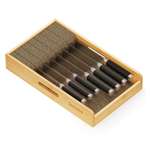 SpaceAid organizador de cajón para cuchillos de caoba, acceso rápido y ordenado.