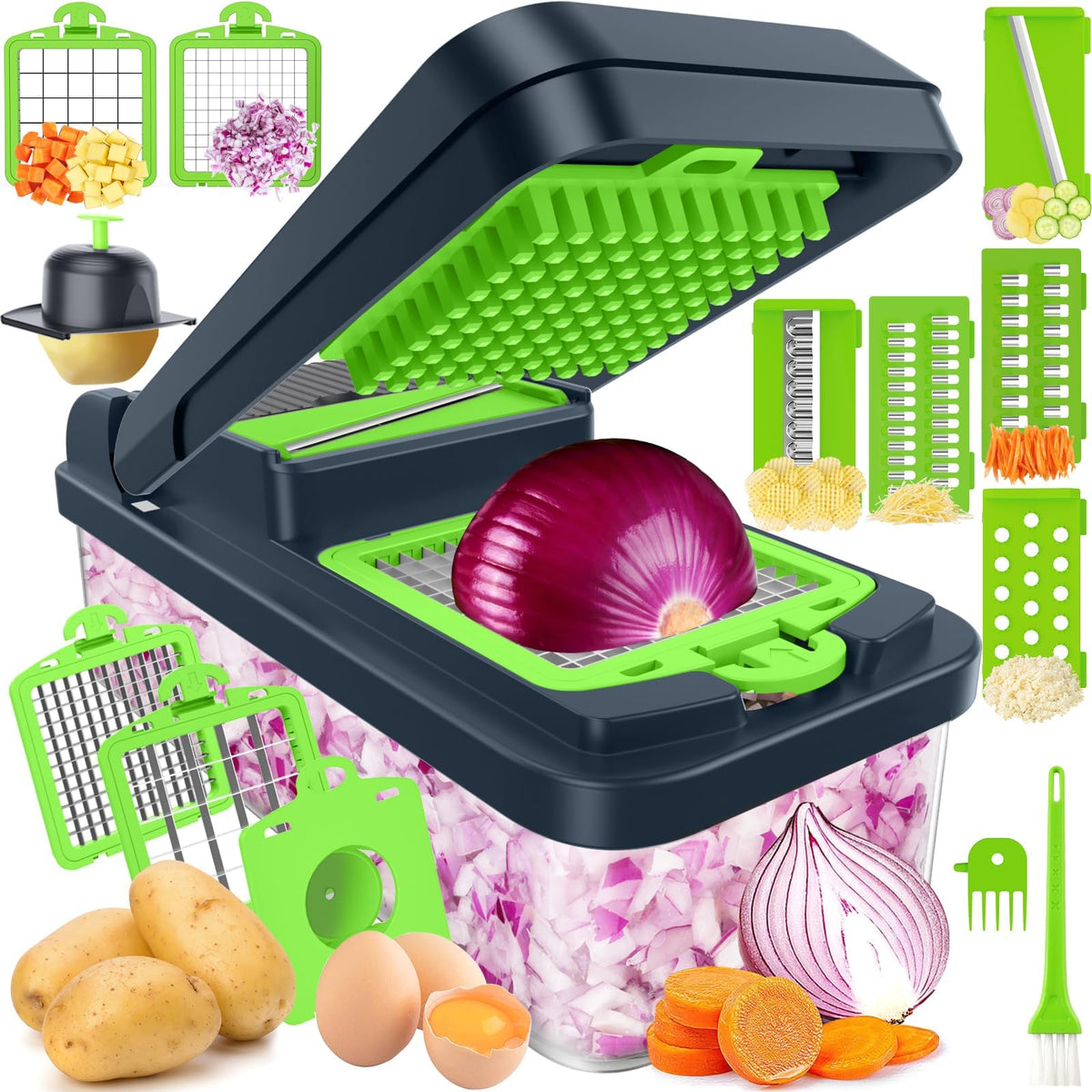 SpaceHacks cortador de verduras 12-en-1 con puntas intercambiables para cubos y láminas uniformes.