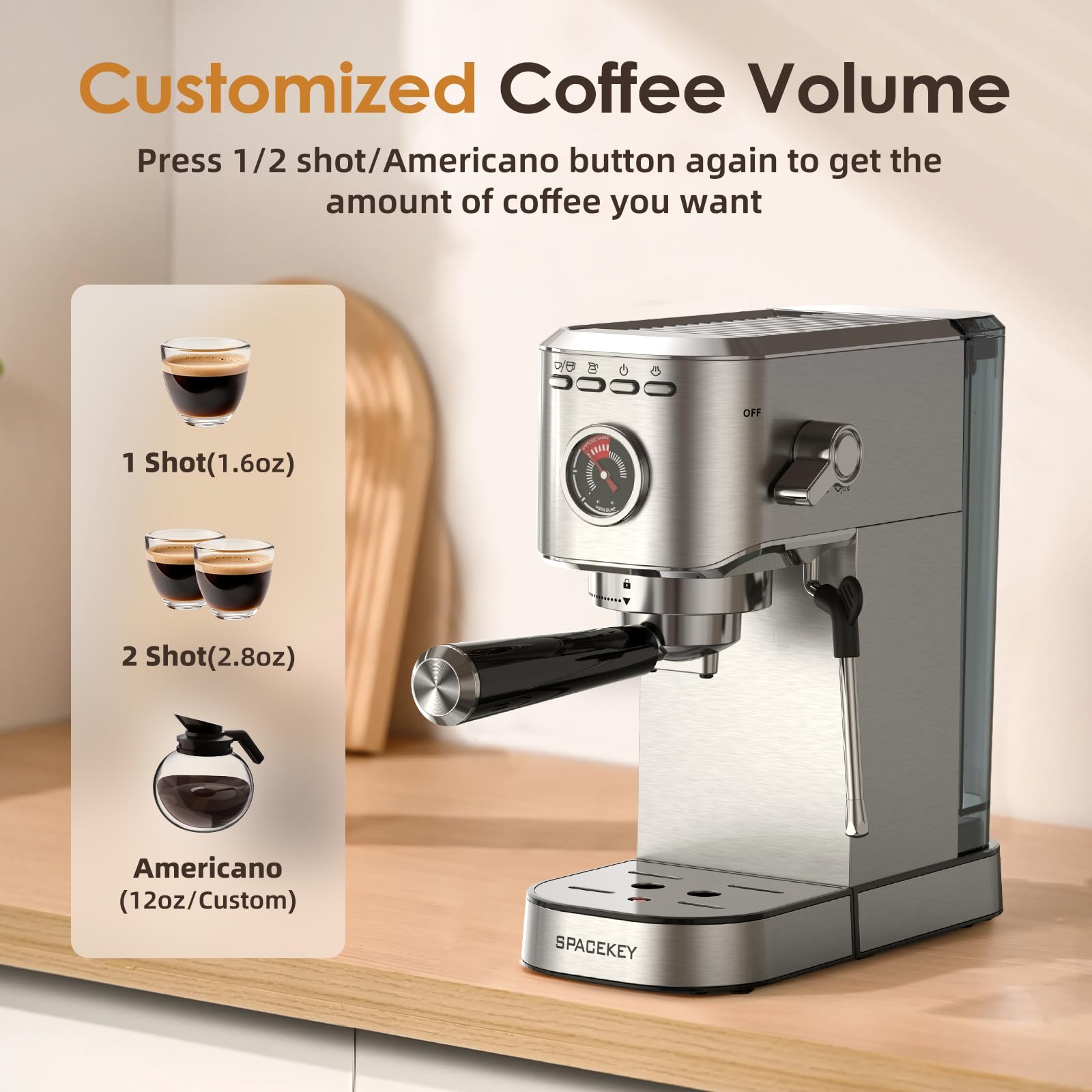 Spacekey cafetera cuerpo de acero inoxidable compacto.