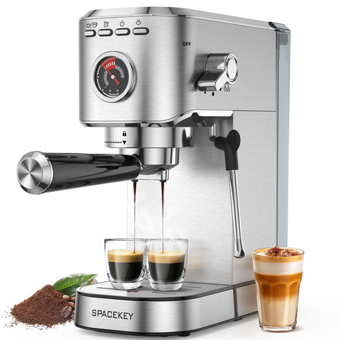 Spacekey cafetera panel frontal con bomba de 20 bar para aroma intenso.