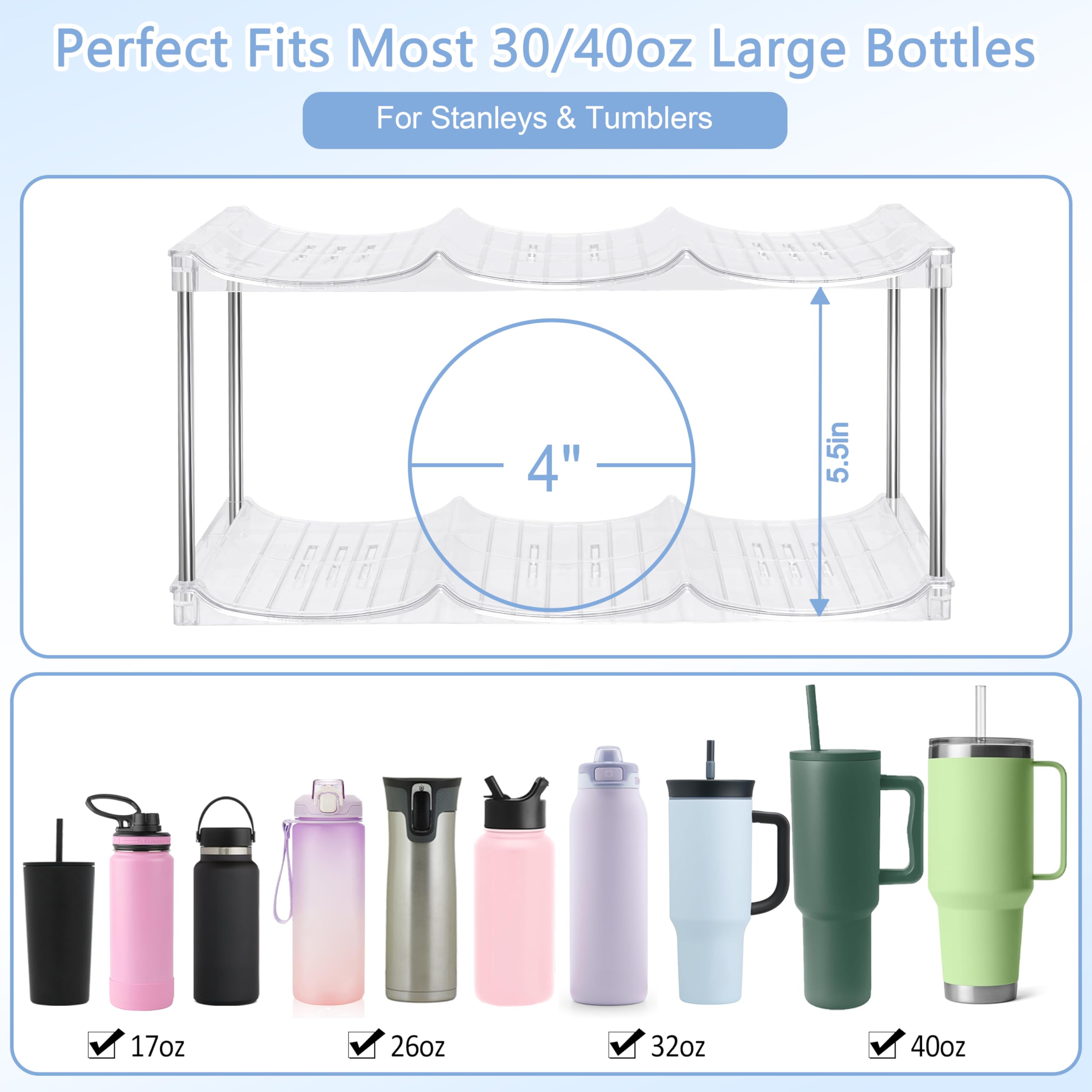 Diseño apilable de Spaclear para varias botellas y tumbler.