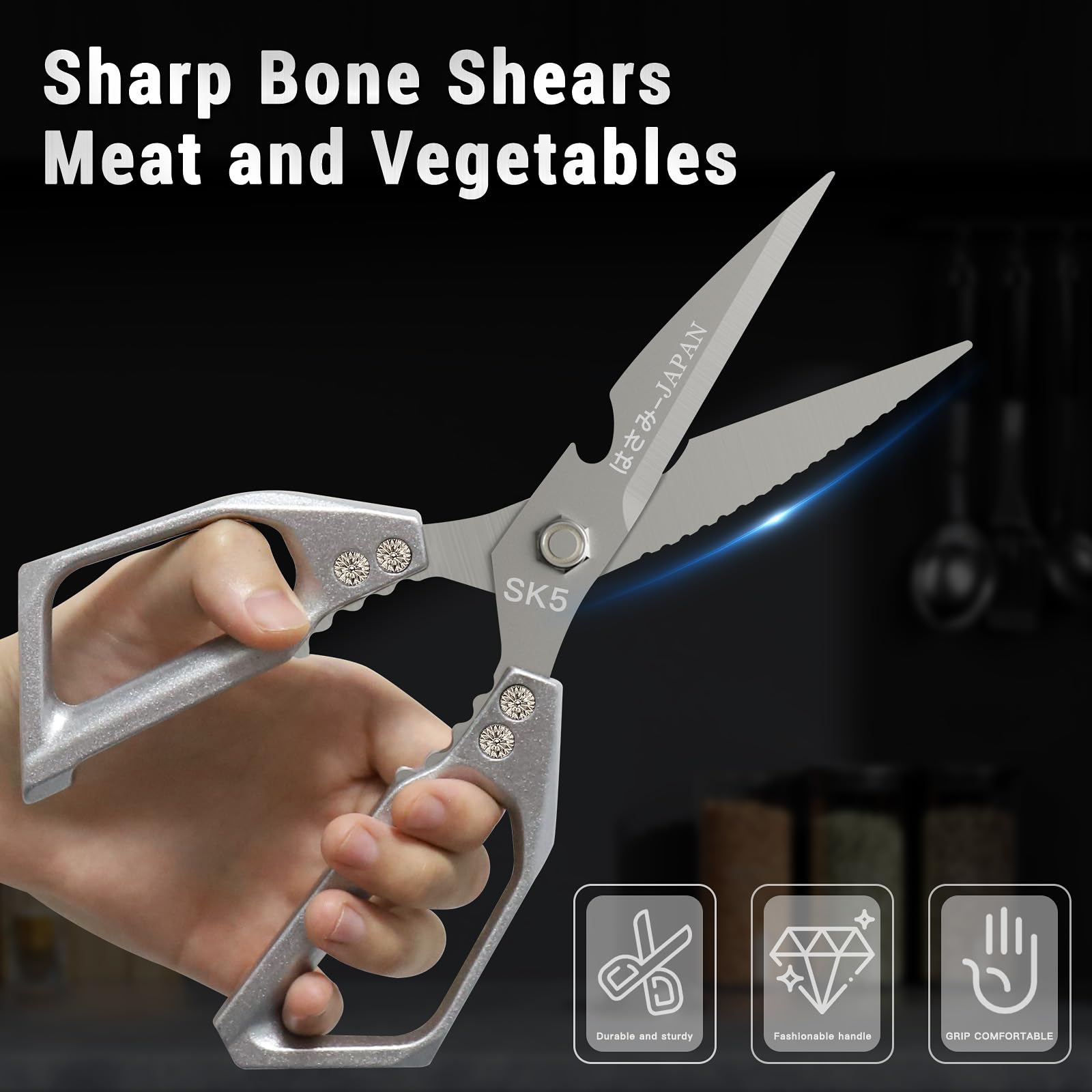 Tijeras SpaseMaxxx de cocina en negro con mango ergonómico para mayor comodidad.