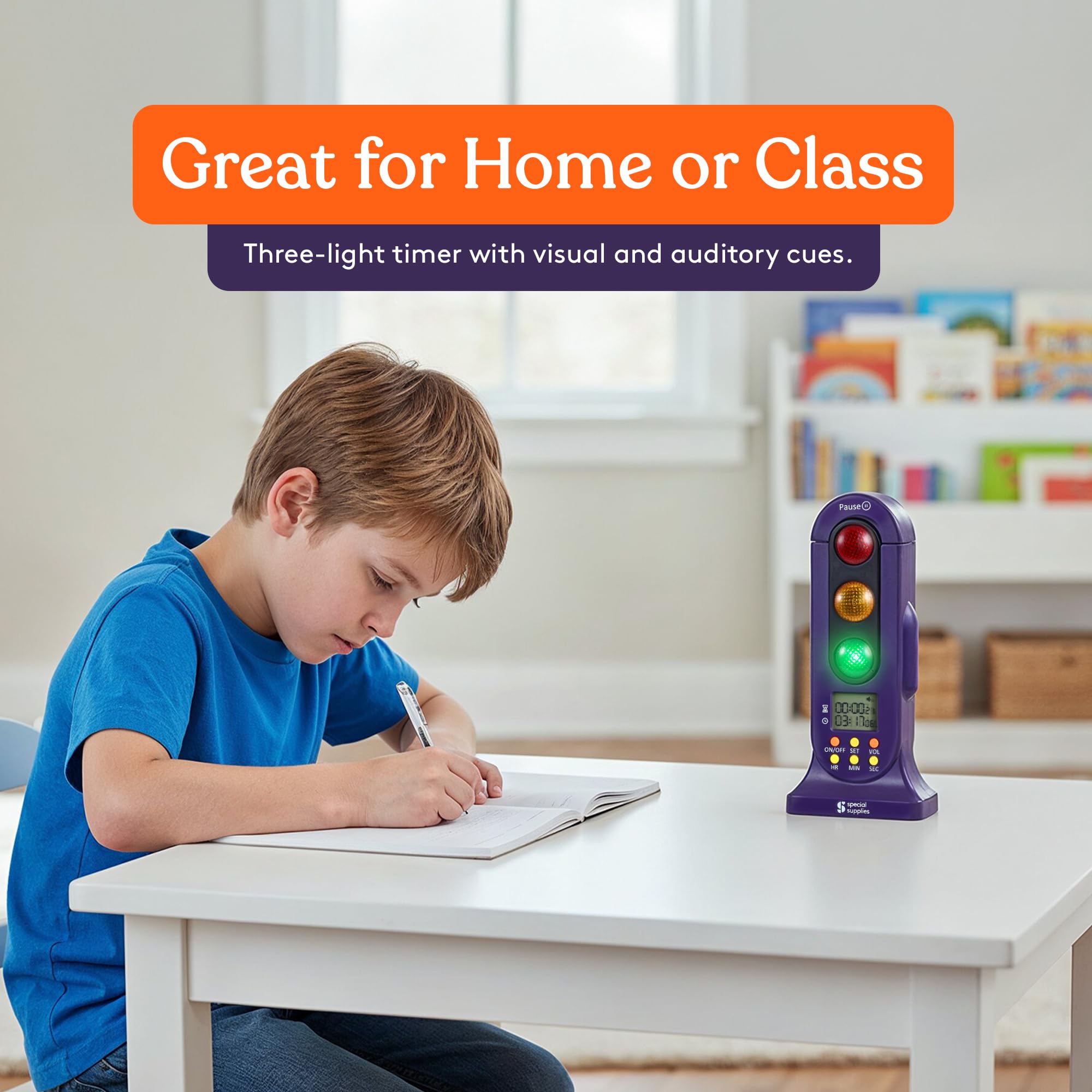 Special Supplies Stoplight Timer, bloqueo infantil para mayor seguridad en entornos educativos.