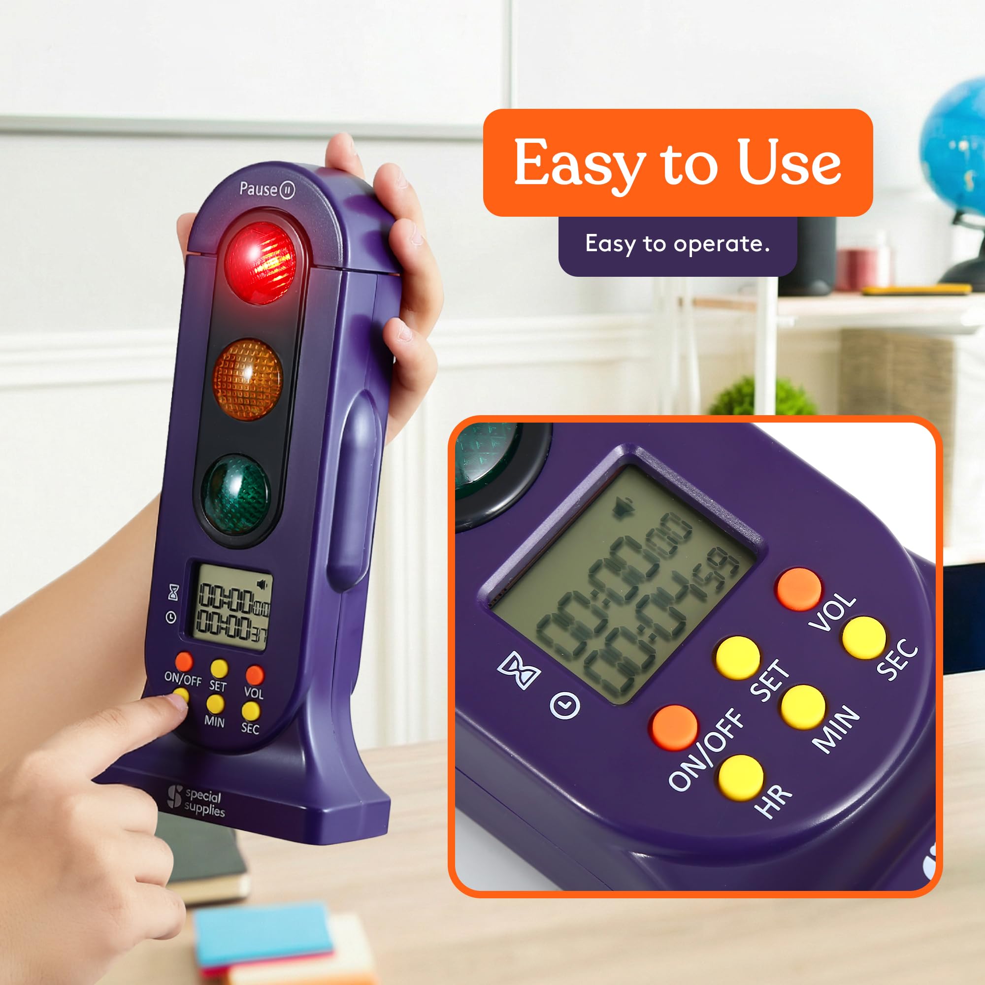 Special Supplies Stoplight Timer, botones fáciles de usar y volumen ajustable para clase.