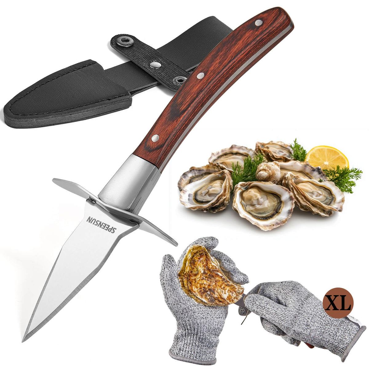 Kit SPEENSUN para ostras con cuchillo ergonómico y mango de madera.