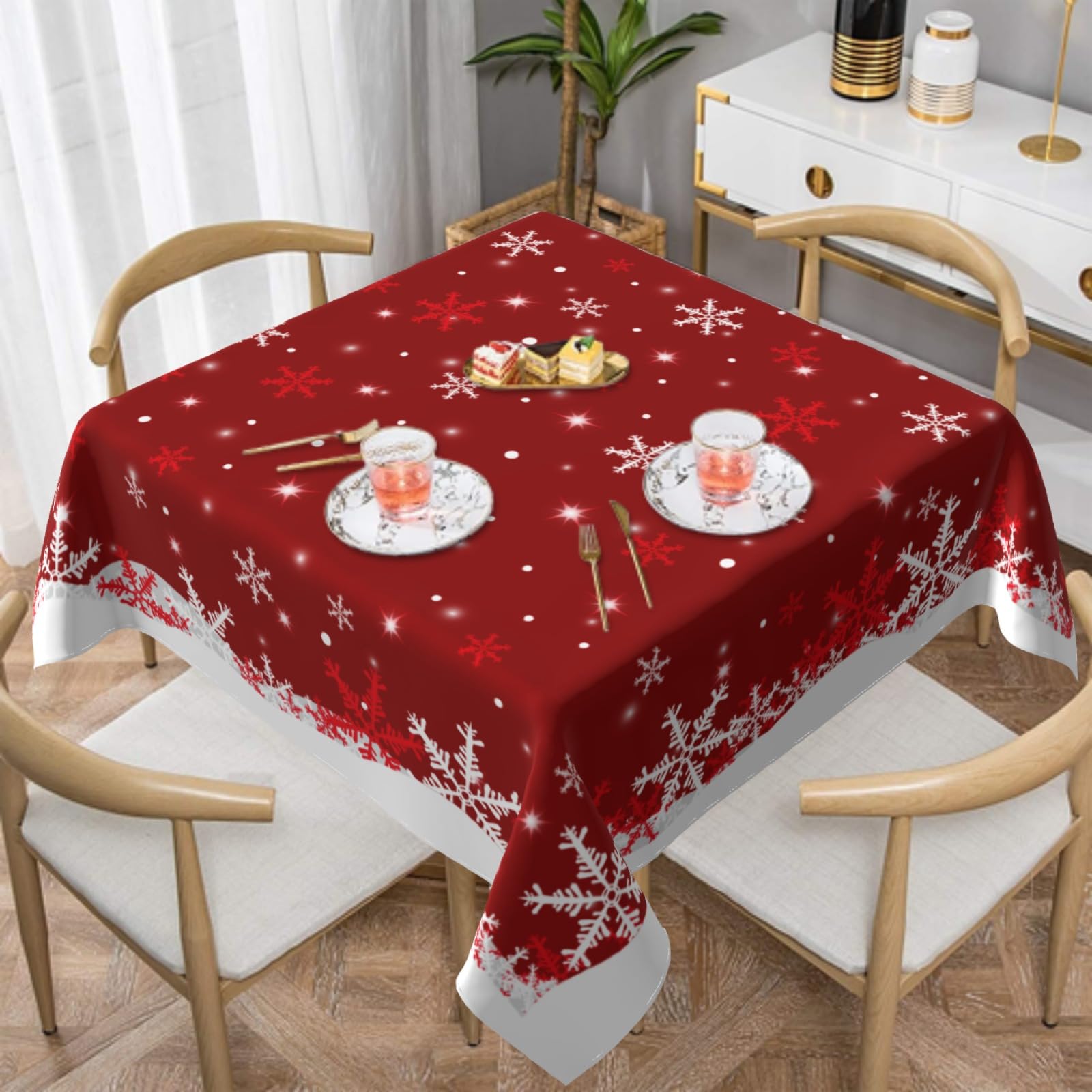 Mantel Sphragiyn cuadrado 54x54 rojo con copos de nieve, protege la mesa de derrames.