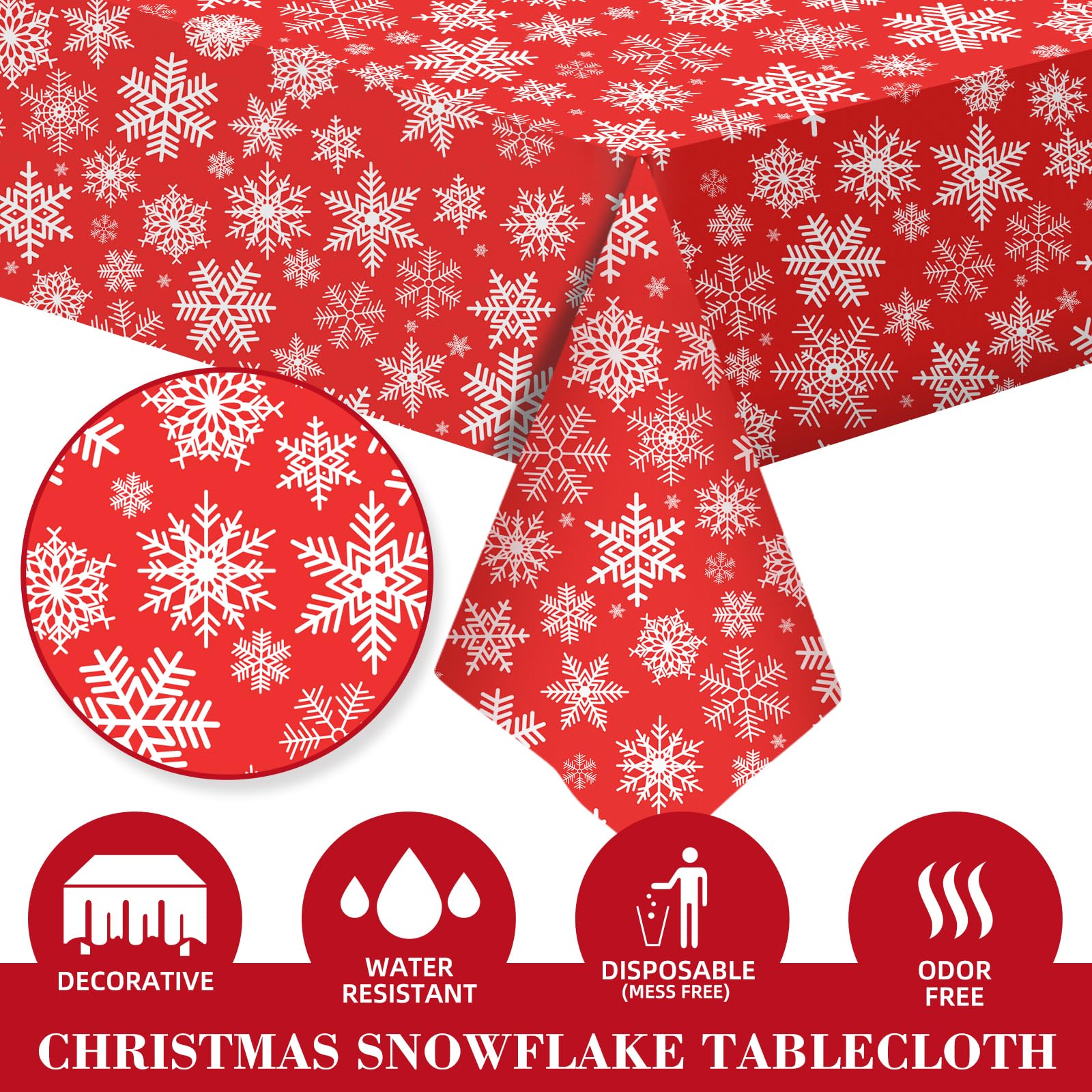 Detalle de copos blancos impresos sobre el mantel rojo SpinLaLa