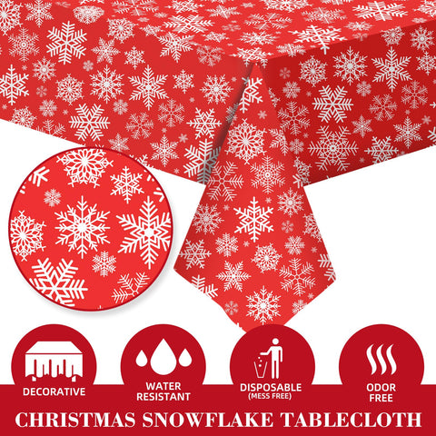 Detalle de copos blancos impresos sobre el mantel rojo SpinLaLa