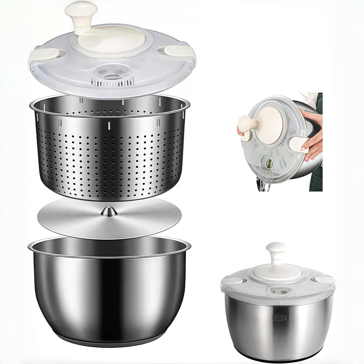 Spinner de ensalada 6L, vista-general, ideal para lavado y secado rápido.