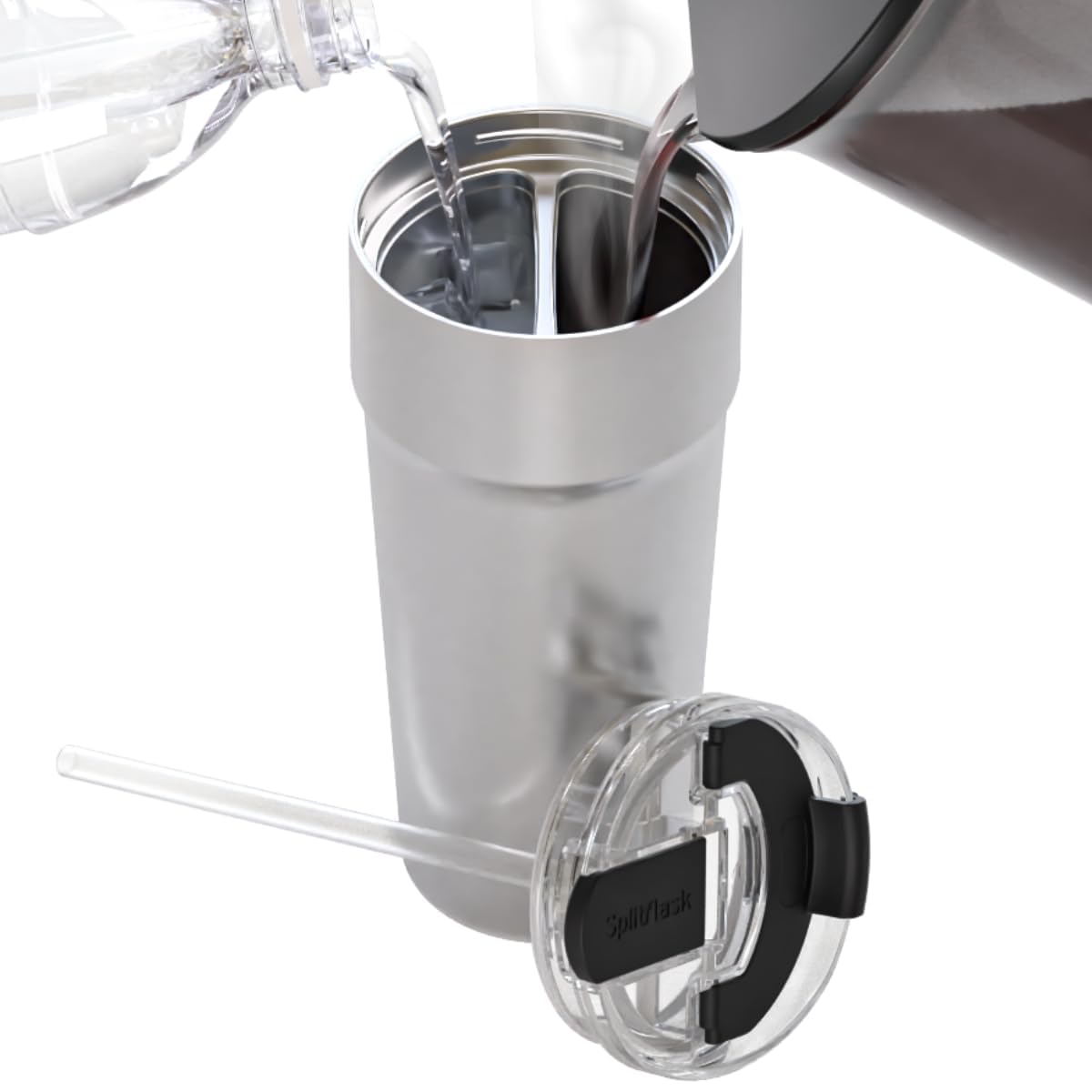 Splitflask con doble cámara 30oz mantiene café y agua separadas para mayor comodidad.