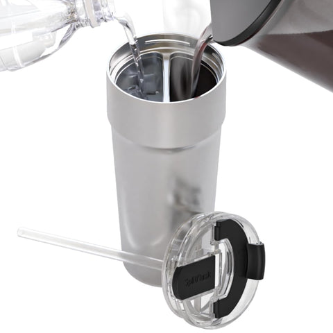 Splitflask con doble cámara 30oz mantiene café y agua separadas para mayor comodidad.