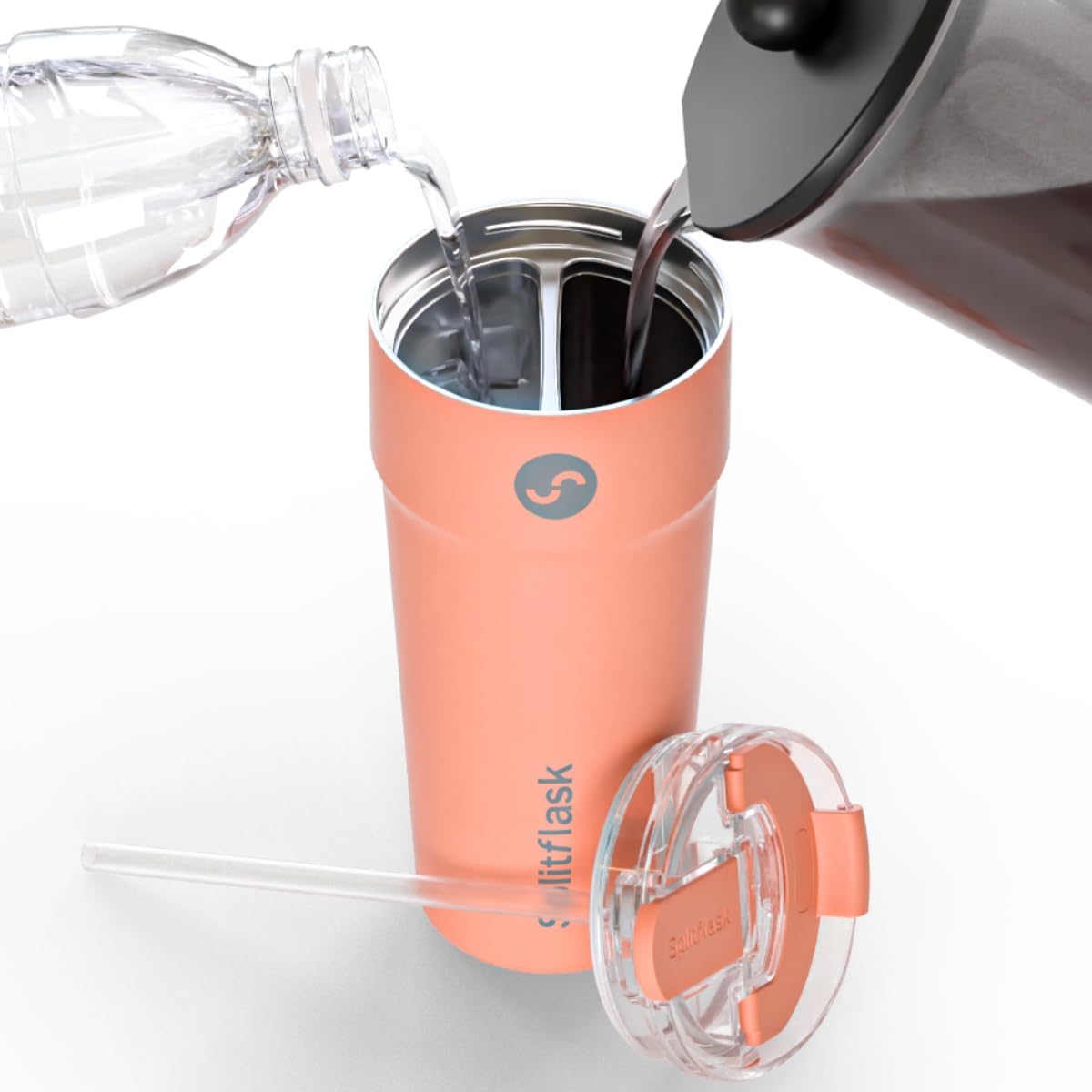 Splitflask dos cámaras 30oz: separación clara entre bebidas.