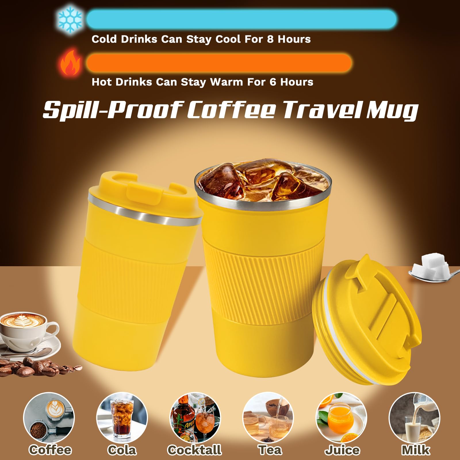 Taza SPLMIFA amarilla con tapa hermética para uso diario.