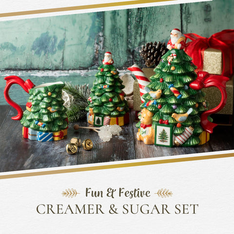 Azucarero con tapa Spode en árbol navideño, perfecto para reuniones festivas