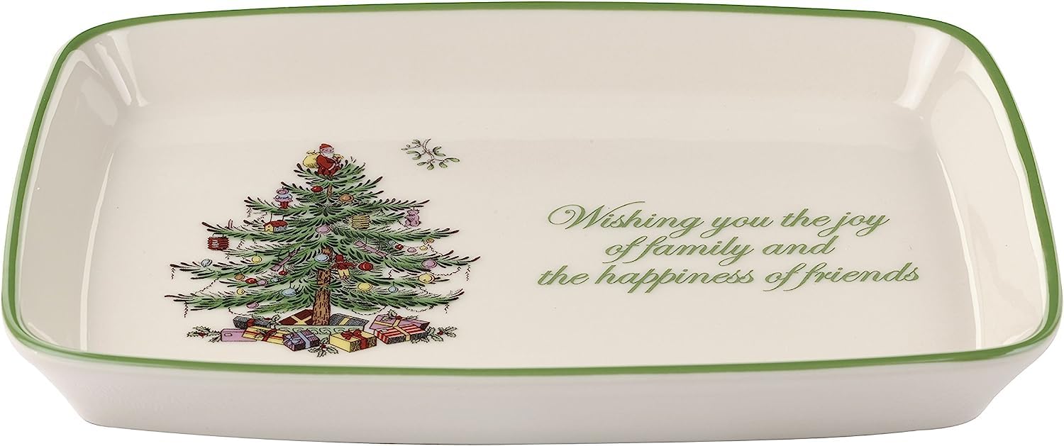 Spode Árbol Navidad Bandeja Sentimiento Rectangular, ideal para servir aperitivos festivos en la mesa.