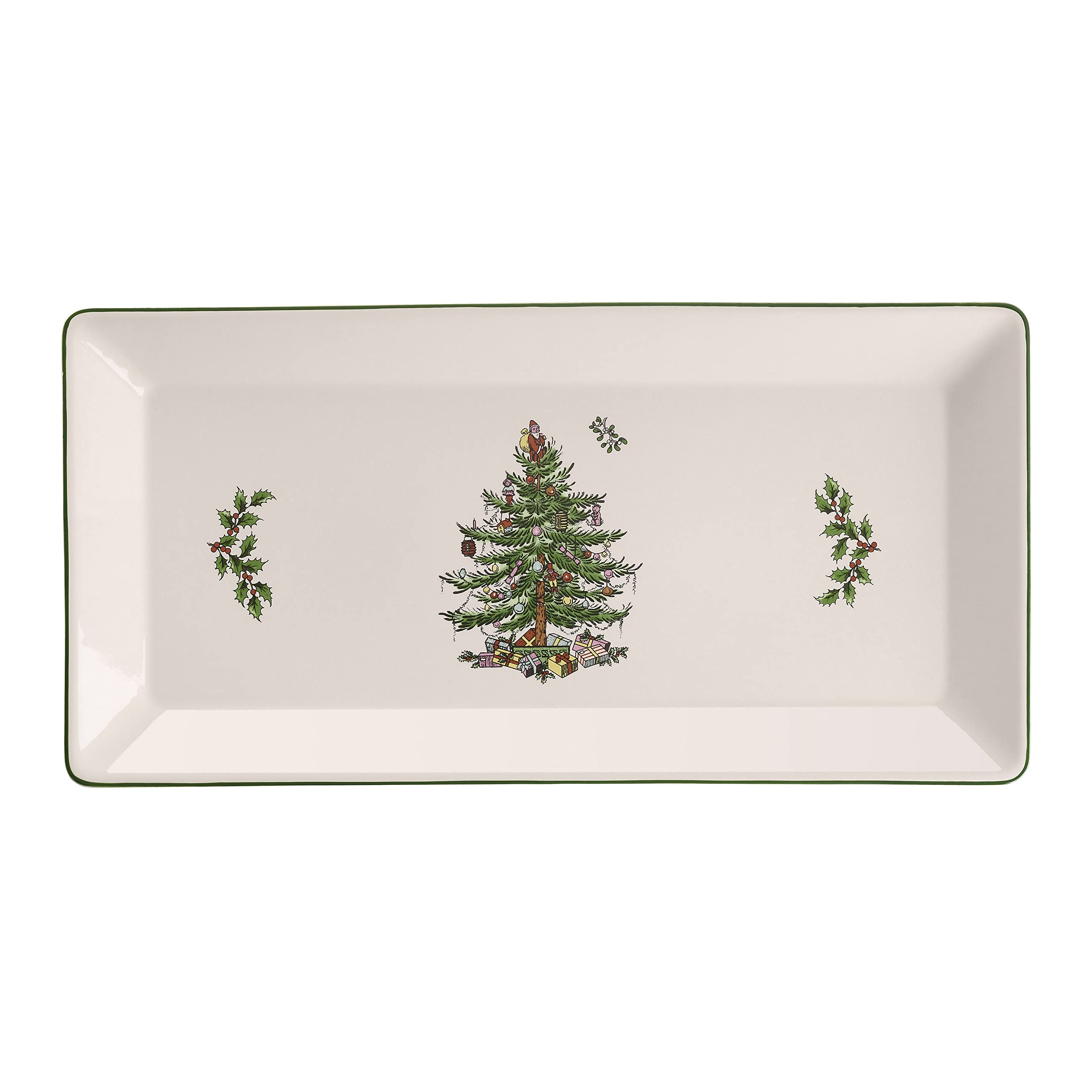 Bandeja rectangular Spode de porcelana con borde festivo, duradera y fácil de limpiar.